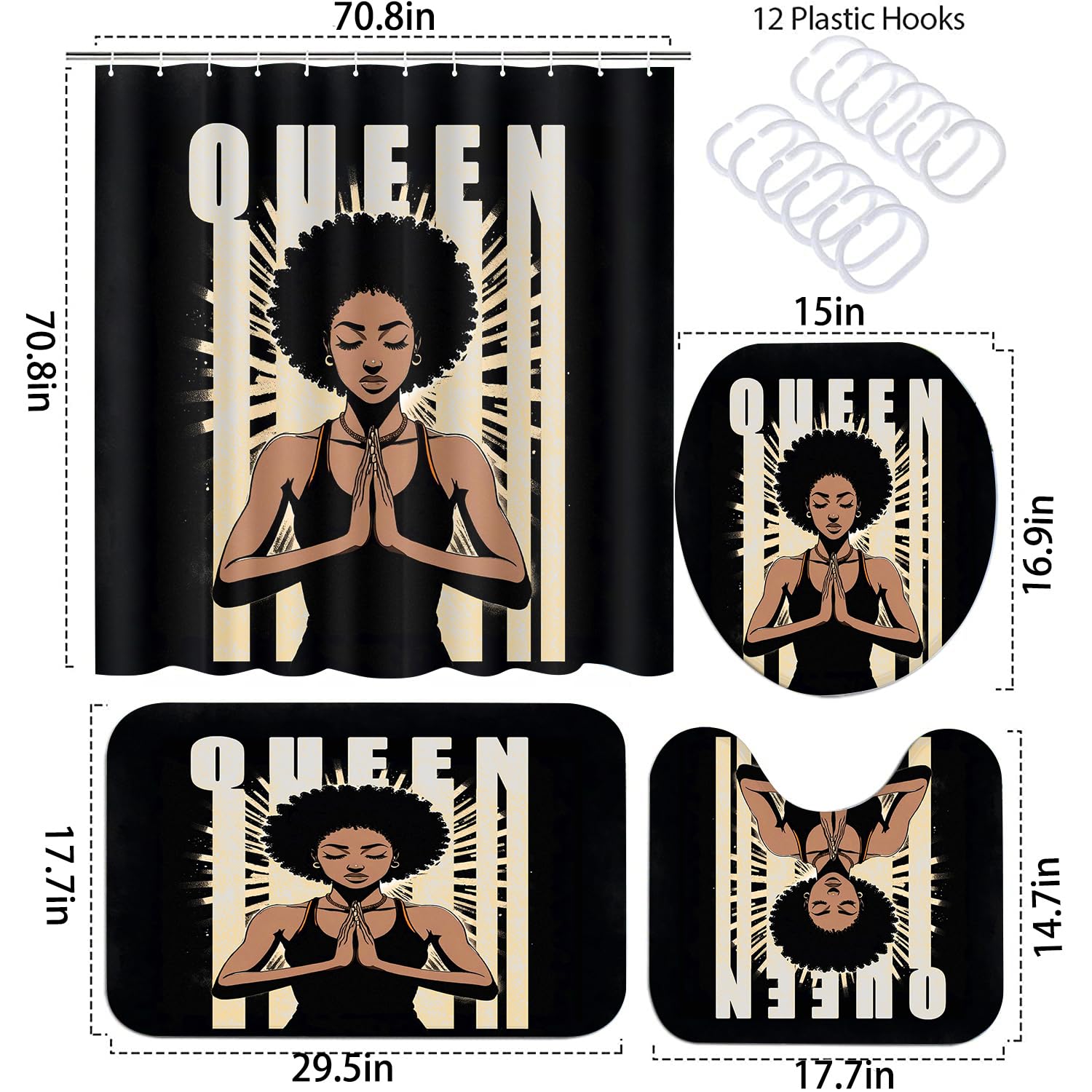 African American Shower Curtain Sets for Bathroom, Black Praying King Bathroom Sets with Waterproof Shower Curtain and Non-Slip Rugs Toilet Lid Cover Bath Mat, Cool Unique Man Bathroom Decor Sets