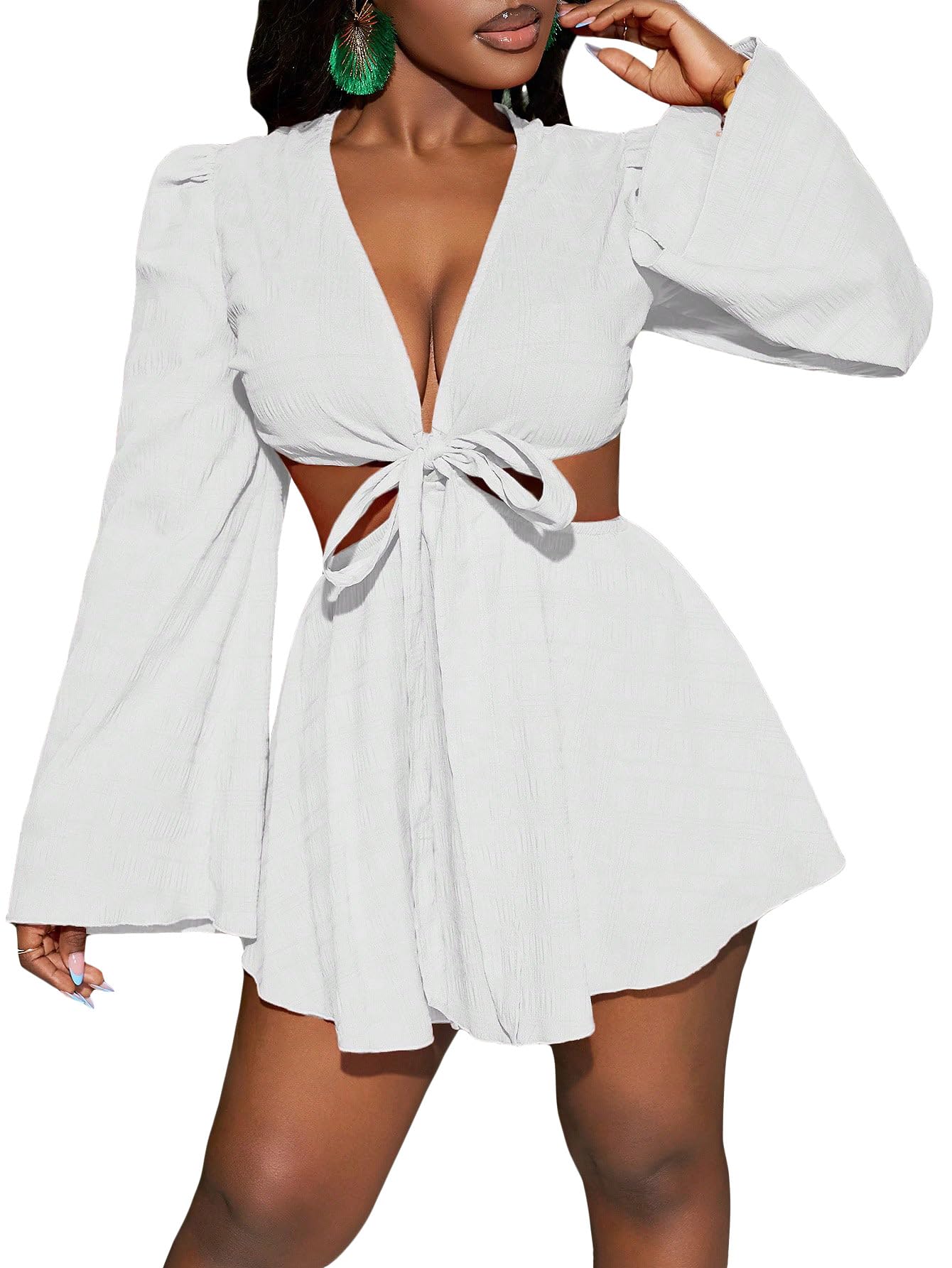 BEAUDRM Women's Tropical Dresses Summer Dress Vacation Beach Sundresses Sexy Long Bell Sleeve Two Piece Vacation Outfits