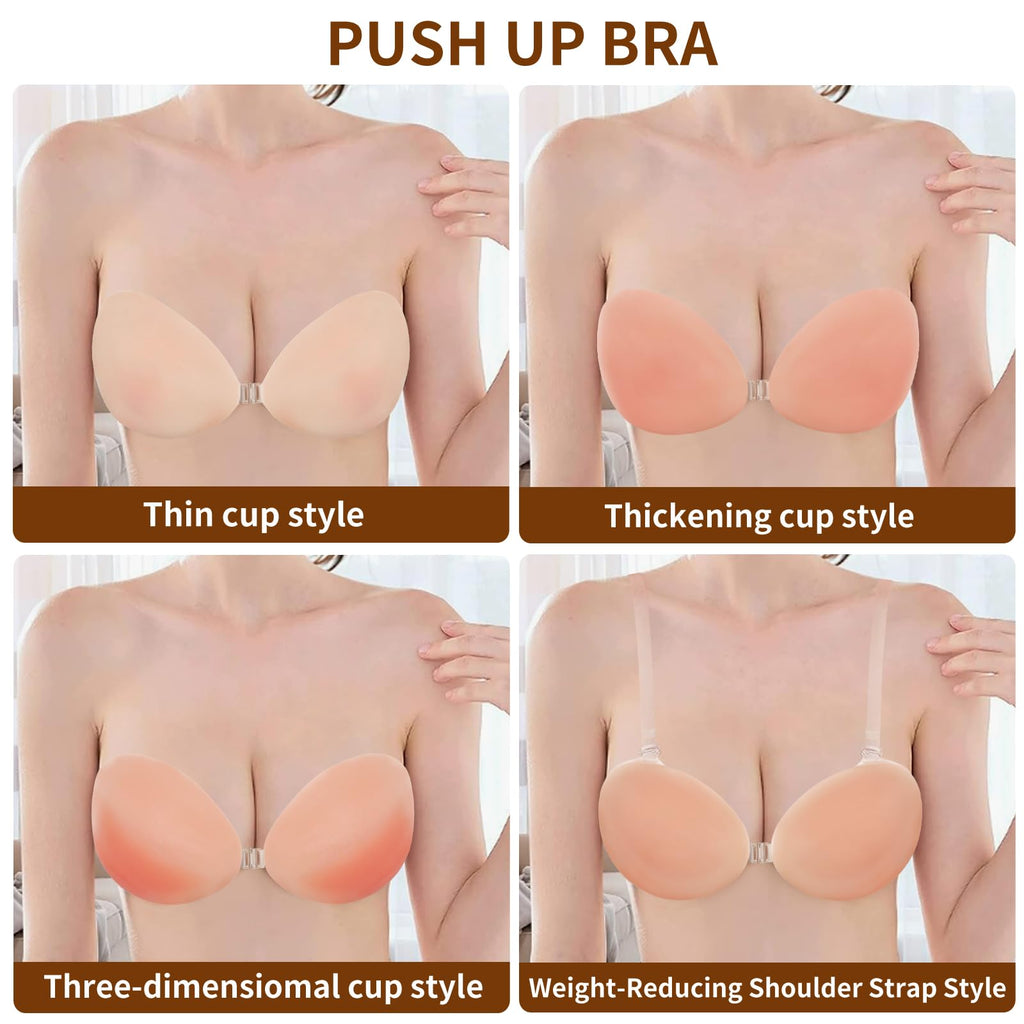 Adhesive Bra for Women Sticky Silicone Invisible Push up Bra,4 Pairs Adhesive Bras & 4 Pairs Nipple Covers