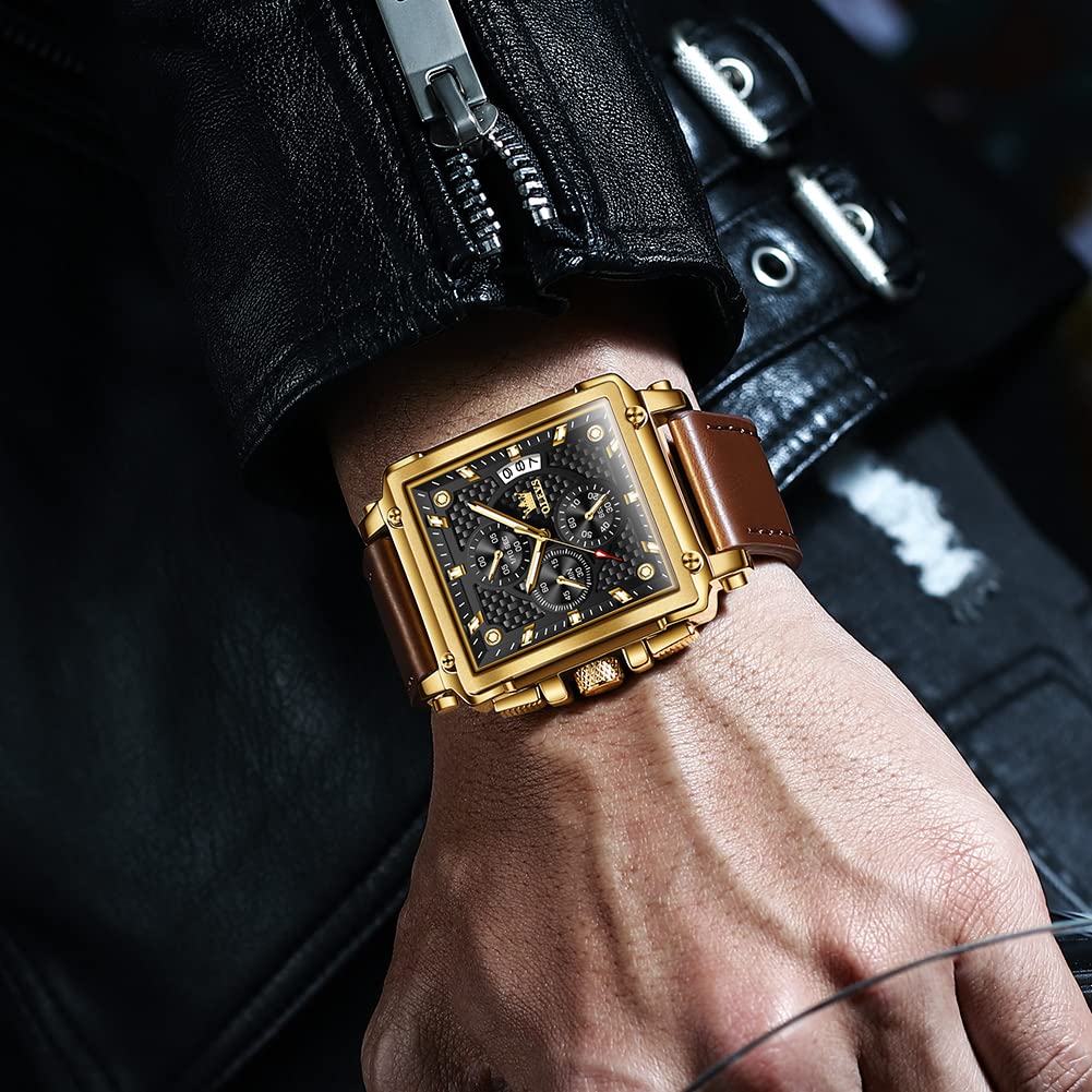 OLEVS Men's Casual Leather Watch, Big Face Chronograph Watch for Men, Fashion Easy to Read Dress Watch, Men's Waterproof Luminous Date Analog Watch, Gold/Black/White/Blue Dial