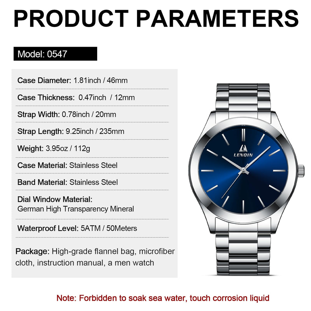 LN LENQIN Mens Watches Waterproof Stainless Steel Watch for Men Analog Quartz Fashion Business Designer Wristwatch