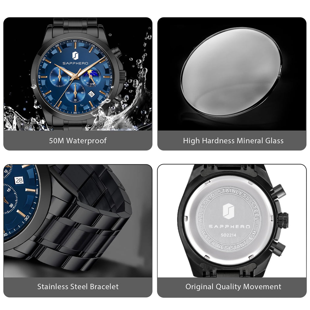 SAPPHERO Chronograph Watches for Men, Original Business Casual Stainless Steel Analog Watch 50M Waterproof Luminous Watches with Date Dial, Mens Gift