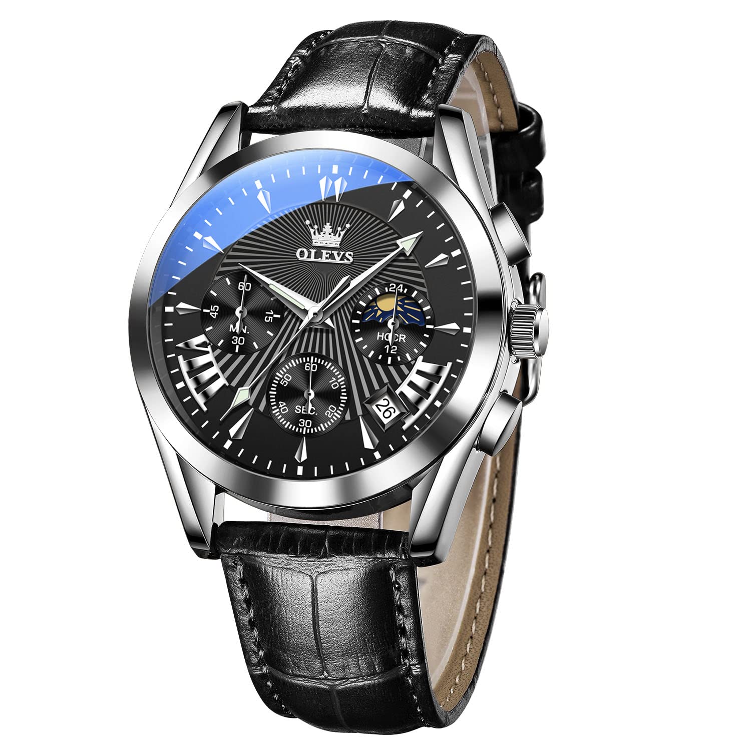 OLEVS Men's Casual Leather Watch, Big Face Chronograph Watch for Men, Fashion Easy to Read Dress Watch, Men's Waterproof Luminous Date Analog Watch, Gold/Black/White/Blue Dial