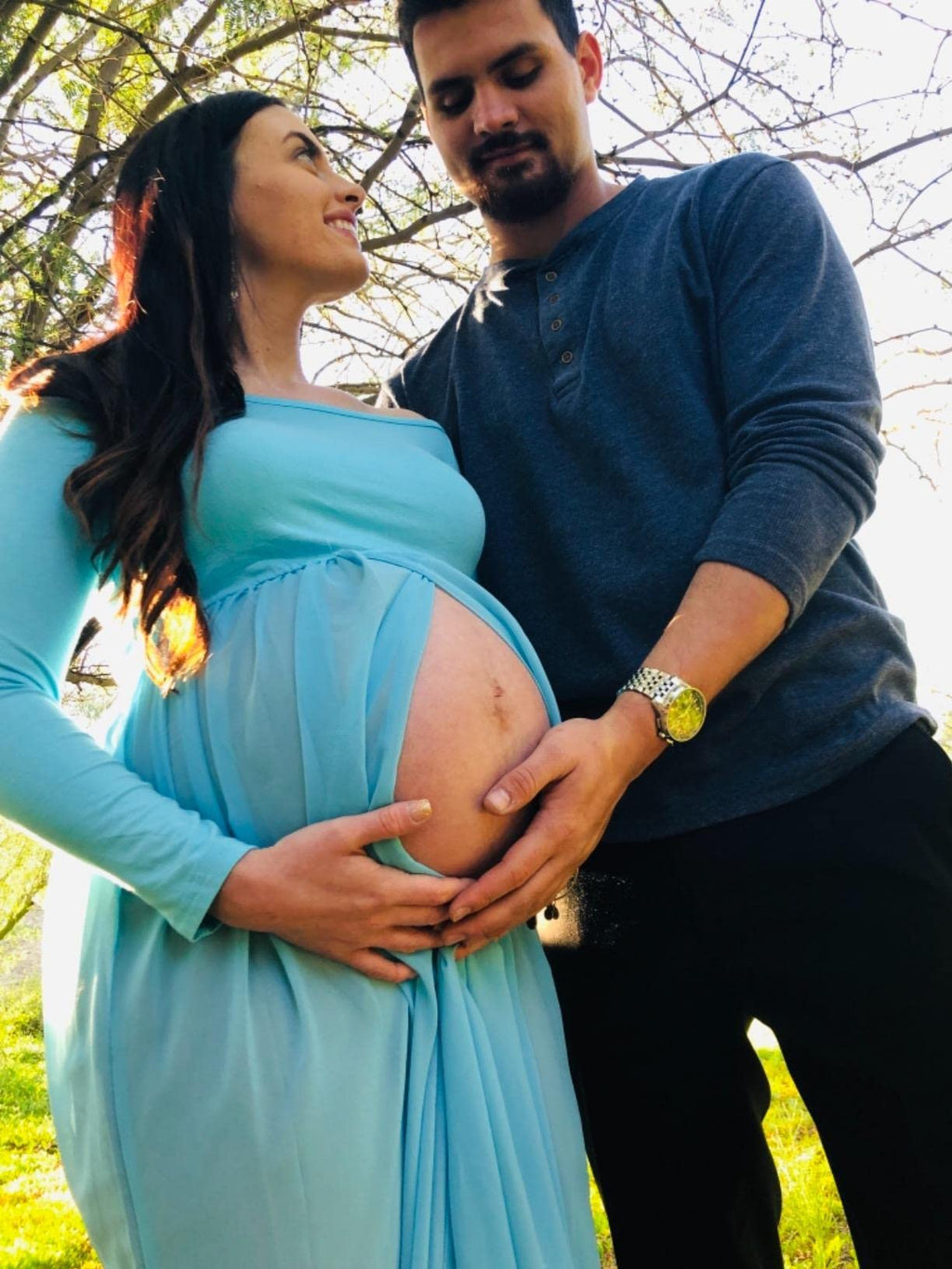 Mommy Jennie Maternity Dress Off Shoulder Long Sleeve Split Front Chiffon Gown for Photoshoot