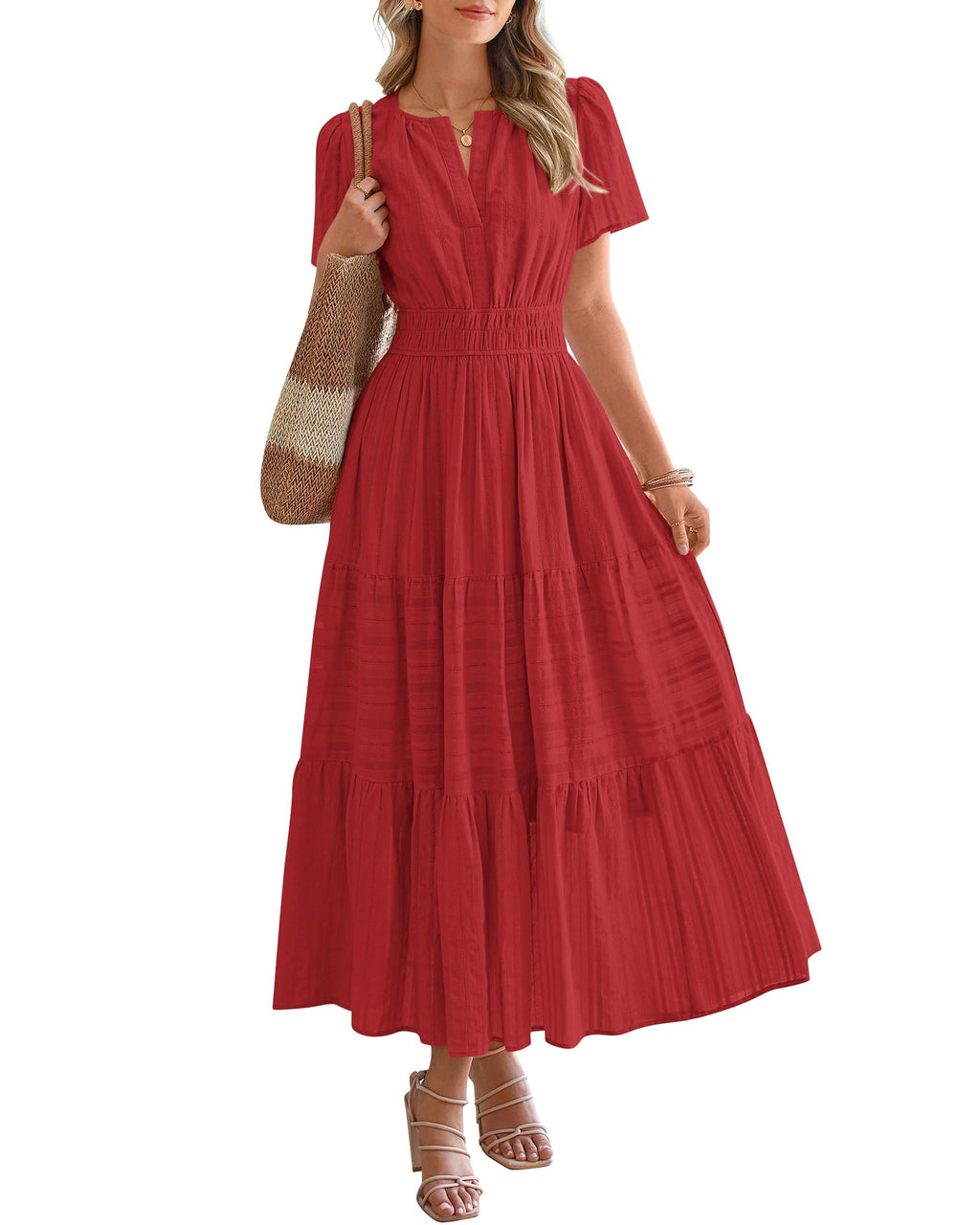 BTFBM Womens Summer 2026 Casual Midi Maxi Dresses Lightweight Short Sleeve V Neck Elastic Waist Boho Beach Dress Pockets