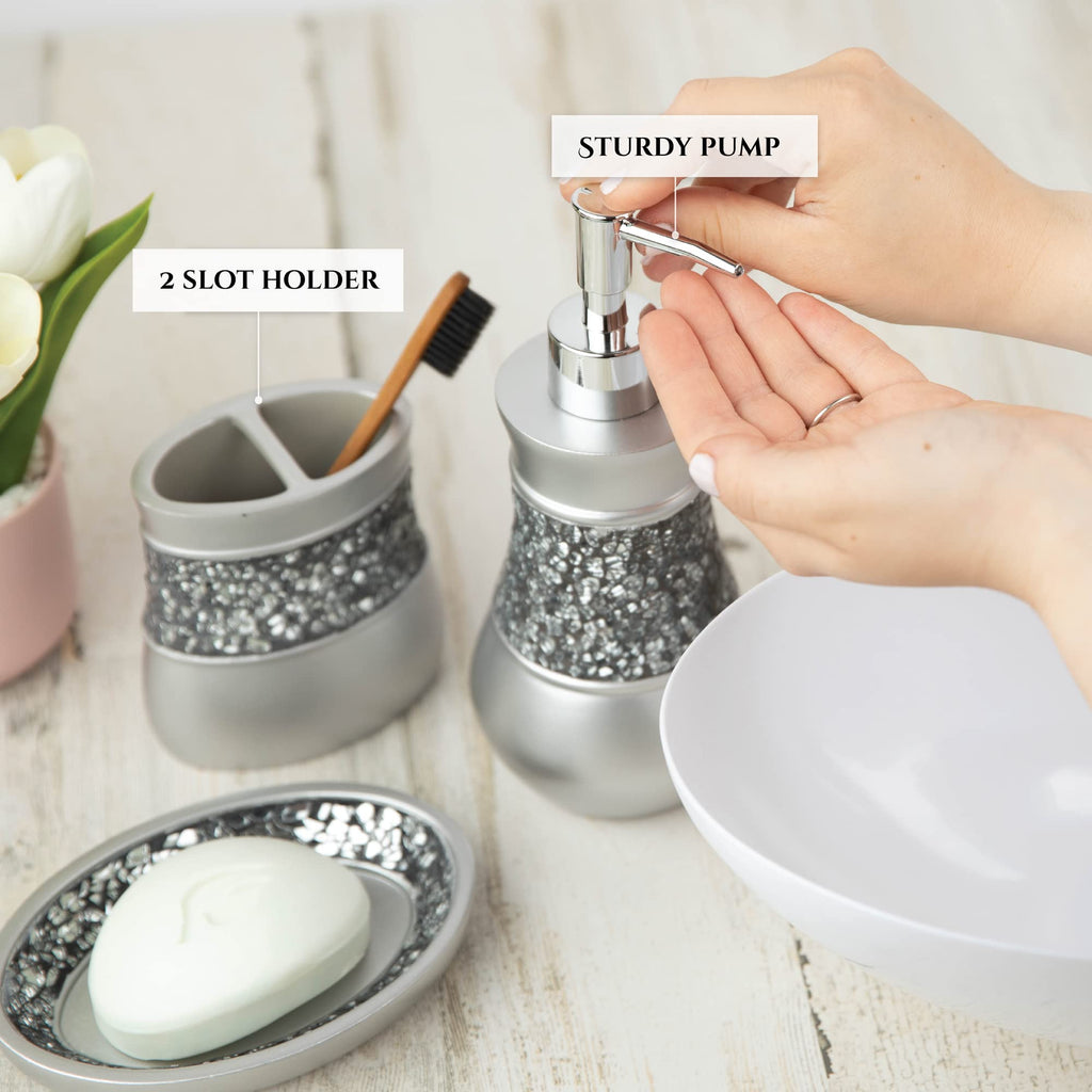 Creative Scents Crackled Glass Silver Bathroom Accessory Set – 4-Piece Vanity Set Includes: Lotion Soap Dispenser, Toothbrush Holder, Tumbler, and Soap Dish