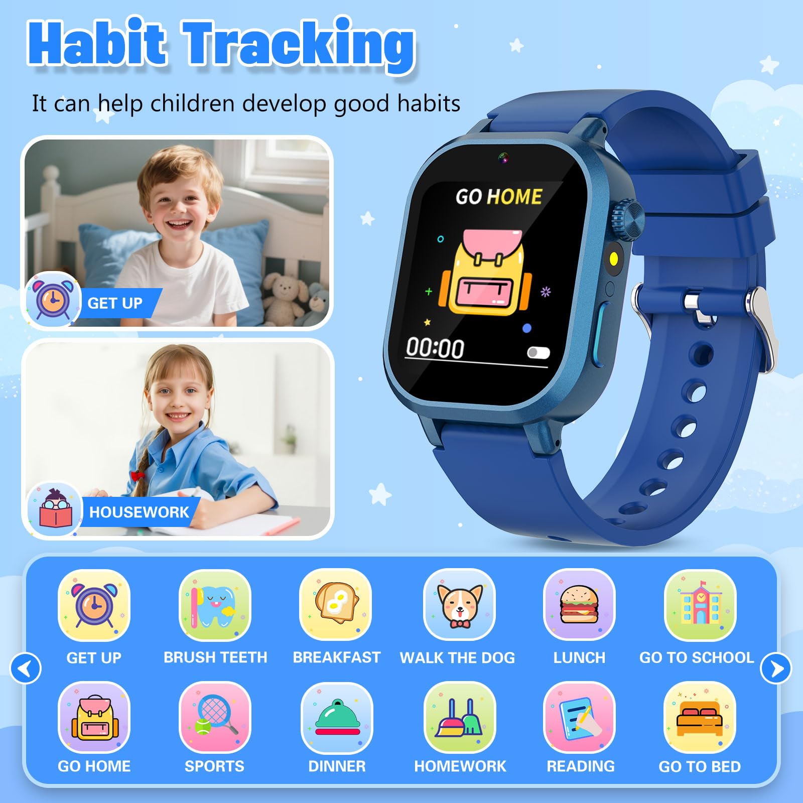 Wiszodet Kids Waterproof Smart Watch Boys Gift Age 3-12 with 39 Game HD Touch Screen Music Player Video Camera Pedometer Alarm Clock Birthday Gift for 6 7 8 9 Year Olds Blue