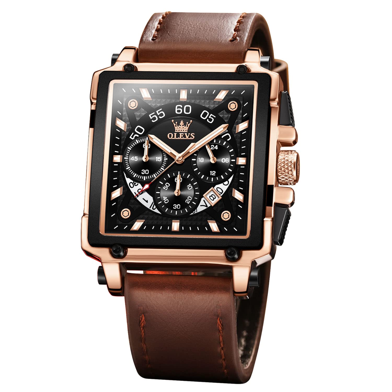 OLEVS Men's Casual Leather Watch, Big Face Chronograph Watch for Men, Fashion Easy to Read Dress Watch, Men's Waterproof Luminous Date Analog Watch, Gold/Black/White/Blue Dial