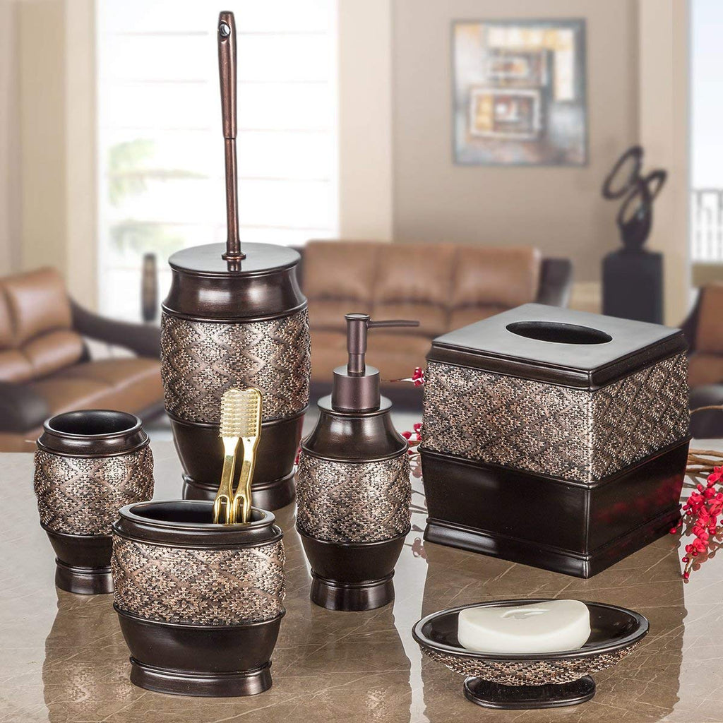 Creative Scents Dublin Brown Bathroom Accessories Set Complete - 4 Pc. Bathroom Sets Accessories, Luxury Bathroom Accessory Set - Soap Dispenser, Soap Dish, Tumbler & Toothbrush Holder Set