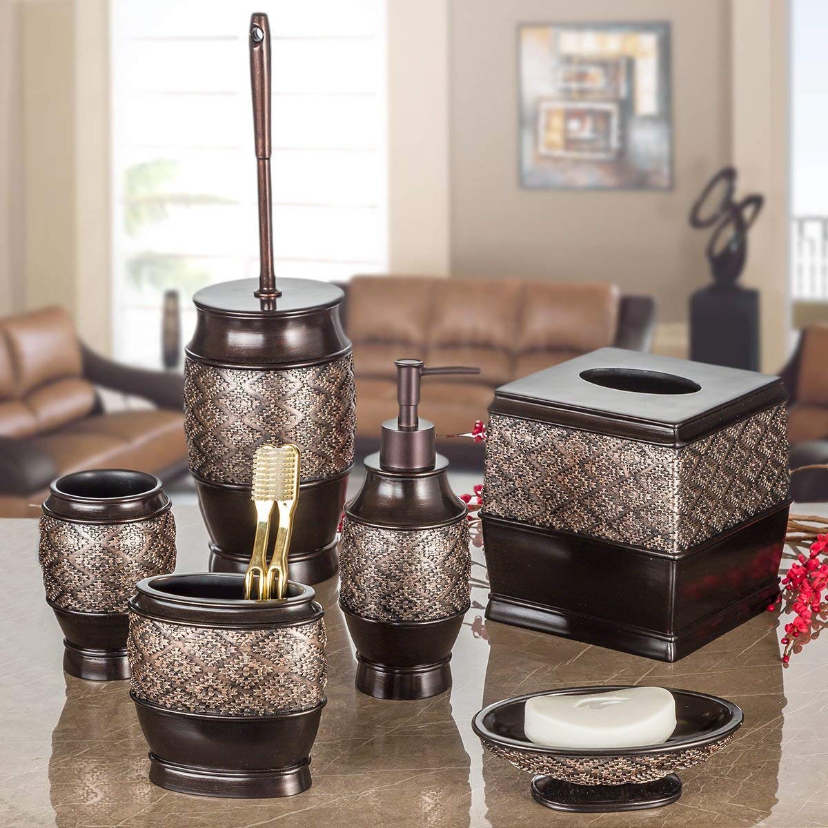 Creative Scents Dublin Brown Bathroom Accessories Set Complete - 4 Pc. Bathroom Sets Accessories, Luxury Bathroom Accessory Set - Soap Dispenser, Soap Dish, Tumbler & Toothbrush Holder Set