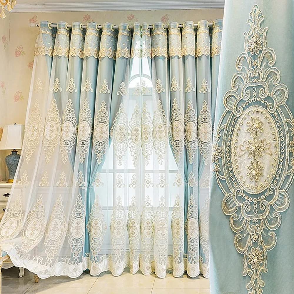 Amidoudou 1 Pair European Double Layer Curtains with Valances for Living Room Bedroom Luxury 3D Flower Embroidered Curtains (Yellow,52x96 Inch)