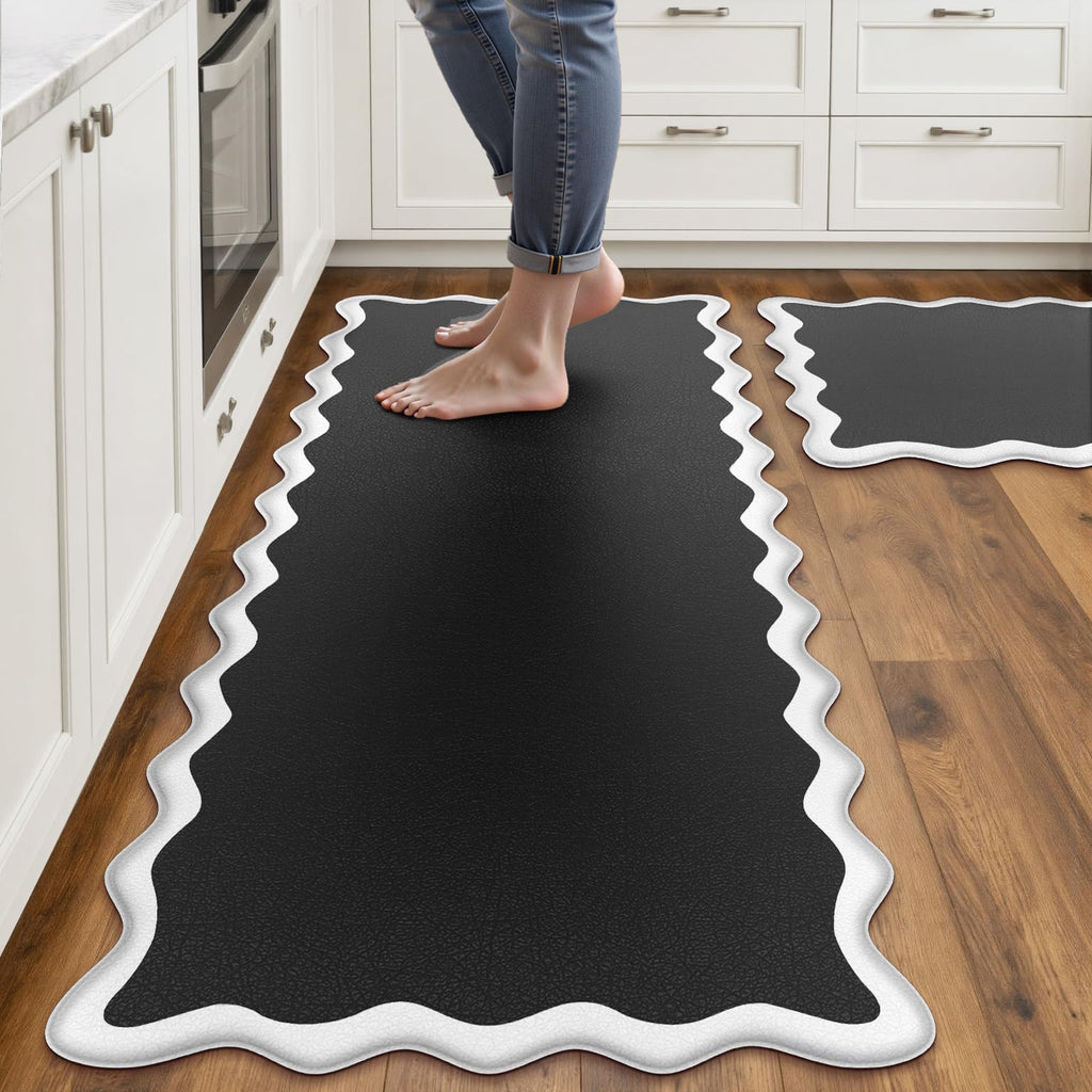 Arenarug Upgrade Scalloped Embossed Kitchen Mats for Floor 2PCS Cushioned Anti Fatigue Waterproof Foam Kitchen Rugs Non Slip Washable Comfort Standing Mat for Office Sink Laundry, Black