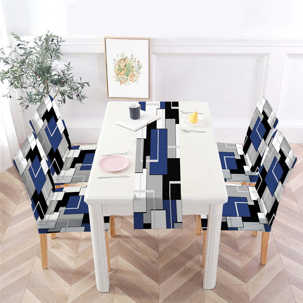 MCALK Geometric Navy Blue Chair Covers Set of 4 and Table Runner,Stretch Navy Blue Chair Slipcovers for Kitchen,Washable Removable Chair Protector Modern Chair Covers for Dining Room