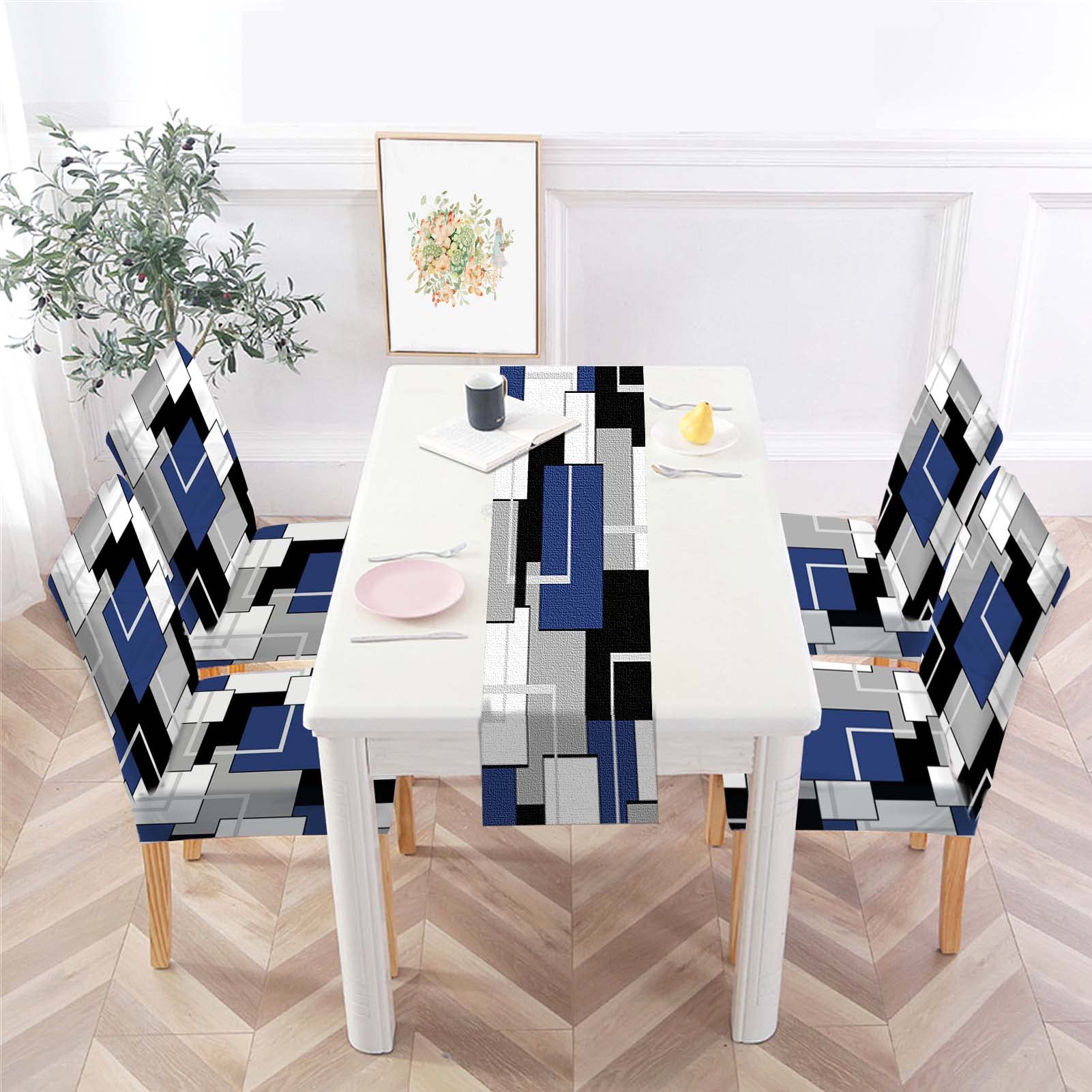 MCALK Geometric Navy Blue Chair Covers Set of 4 and Table Runner,Stretch Navy Blue Chair Slipcovers for Kitchen,Washable Removable Chair Protector Modern Chair Covers for Dining Room