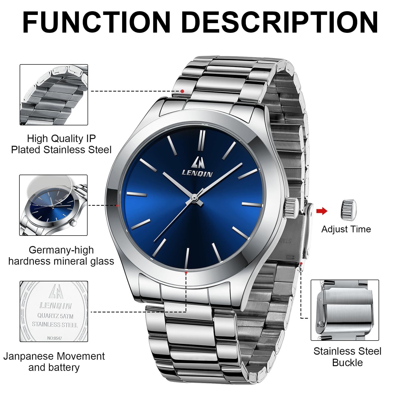 LN LENQIN Mens Watches Waterproof Stainless Steel Watch for Men Analog Quartz Fashion Business Designer Wristwatch