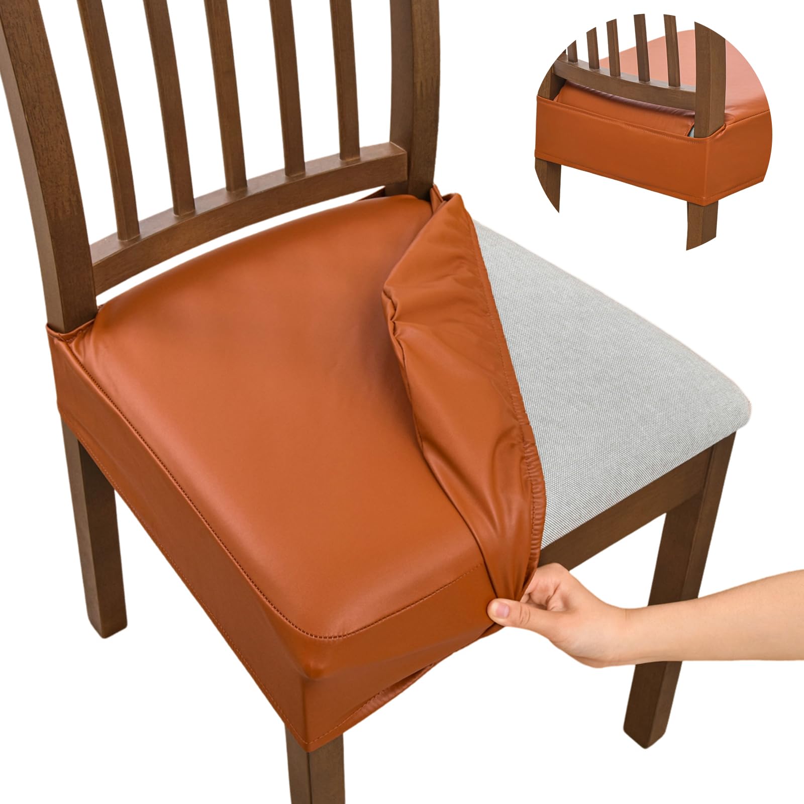 NILUOH Waterproof Seat Covers for Dining Room Chairs Set of 6, Pu Leather Chair Seat Slipcovers Dining Chair Cover Removable Washable Chair Protctor Cover, Rear Covers (PU-Coffee)