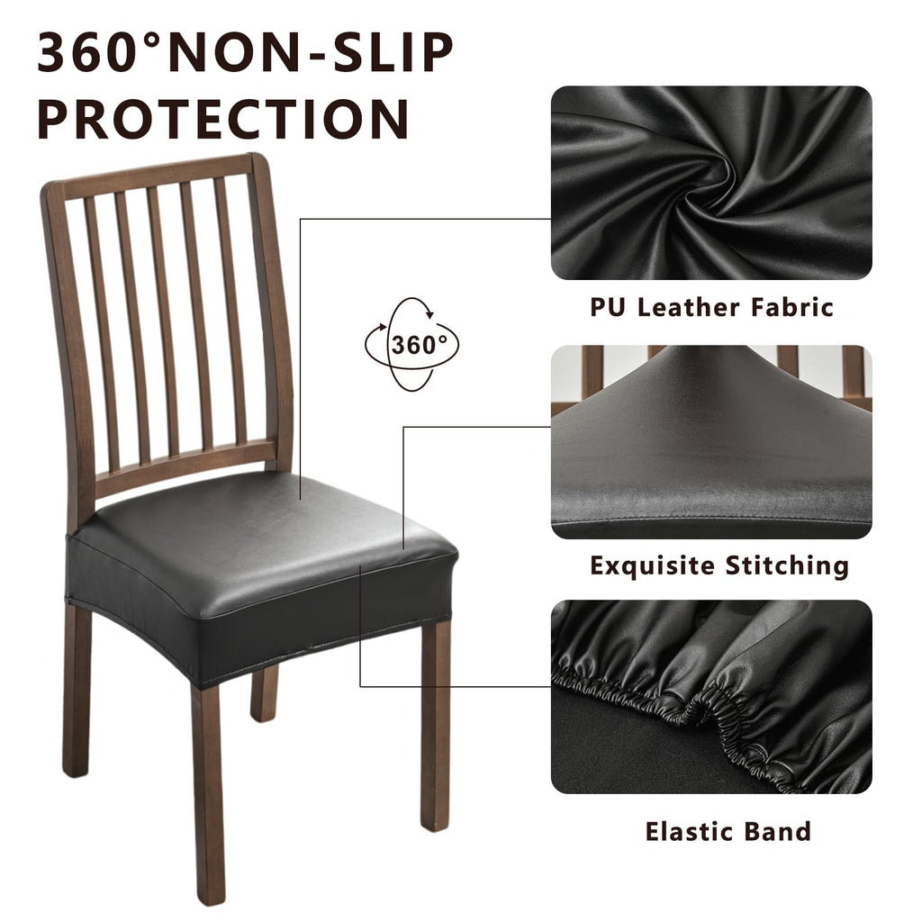 NILUOH Waterproof Seat Covers for Dining Room Chairs Set of 6, Pu Leather Chair Seat Slipcovers Dining Chair Cover Removable Washable Chair Protctor Cover, Rear Covers (PU-Coffee)