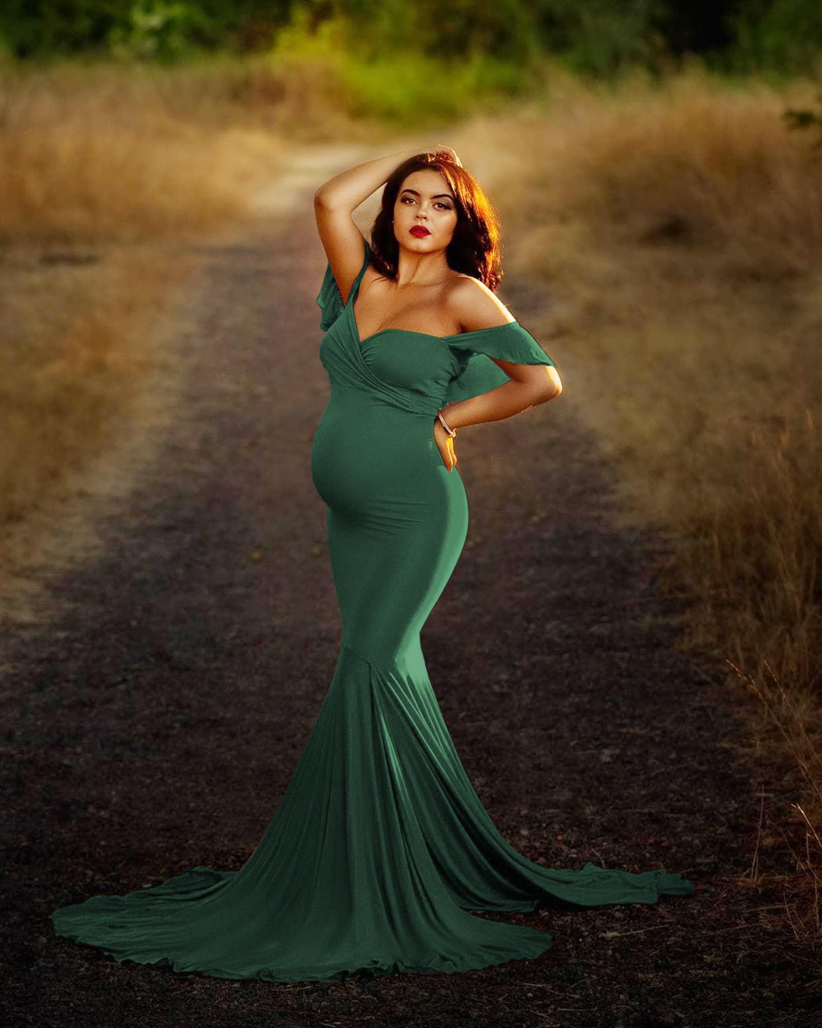 Saslax Off Shoulder Ruffle Sleeves Elegant Fitted Maxi Maternity Dress for Photoshoot Baby Shower