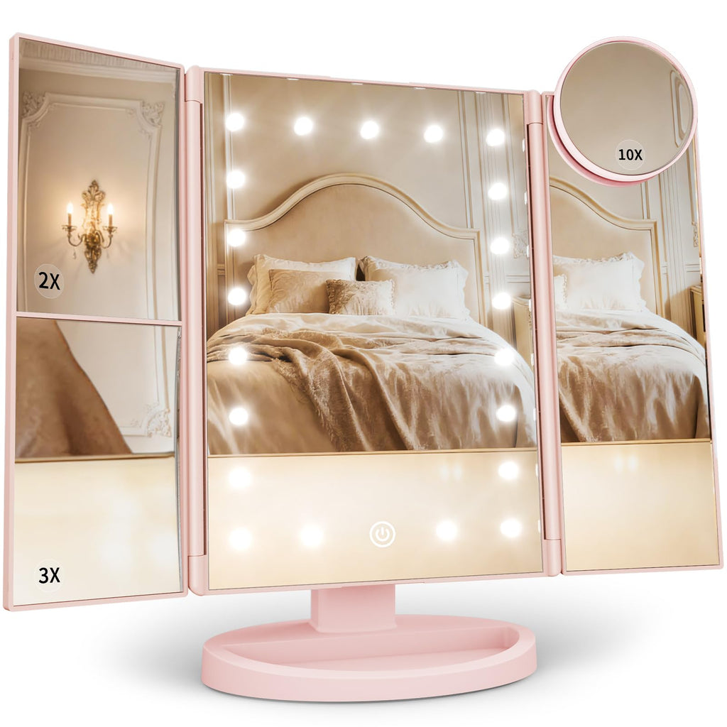 HUONUL Makeup Mirror, Vanity Mirror with Lights, 2X/3X/10X Magnification, Touch Control, Trifold, Dual Power Supply, Birthday Gifts for Women, Wife, Mom, Girls,Dorm Room Essentials