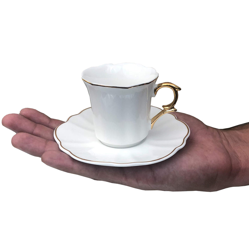 BTaT- Turkish Coffee Cup Set, 3 oz, 6 Set (12 pcs), Elegant White Cups & Saucers with Gold Trim & Gift Box, Small Porcelain Espresso Set for Serving Greek, Arabic & Turkish Coffee, Gift Giving