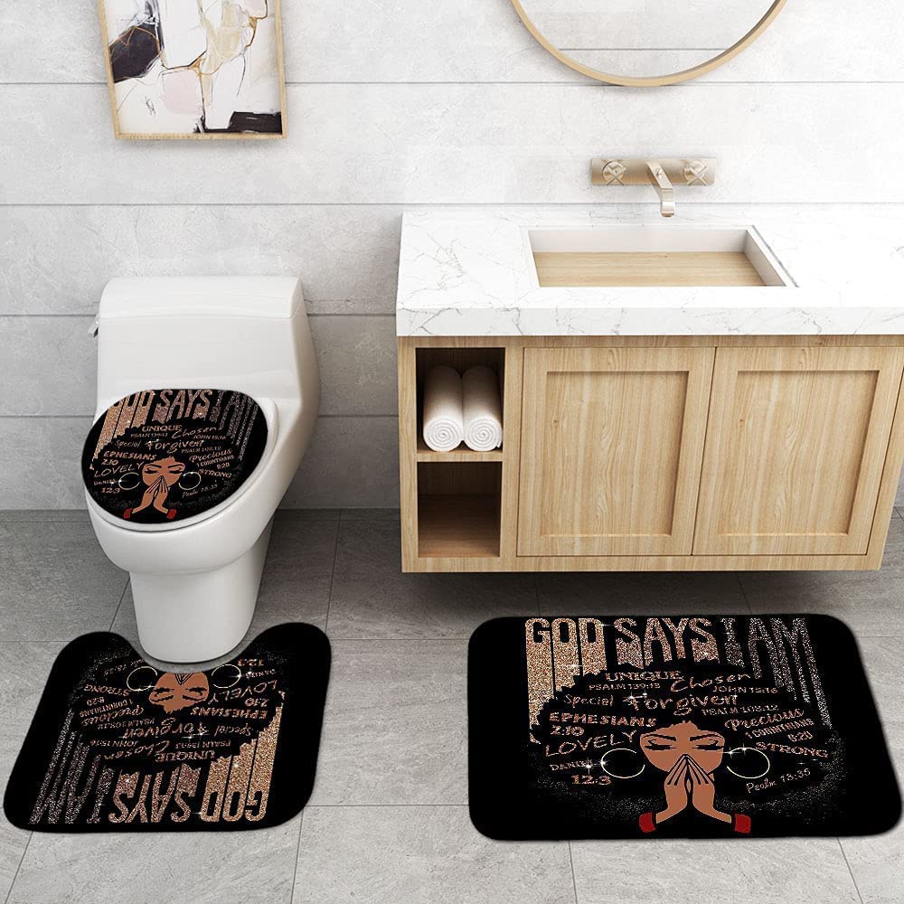 African American Shower Curtain Sets for Bathroom, Black Praying King Bathroom Sets with Waterproof Shower Curtain and Non-Slip Rugs Toilet Lid Cover Bath Mat, Cool Unique Man Bathroom Decor Sets
