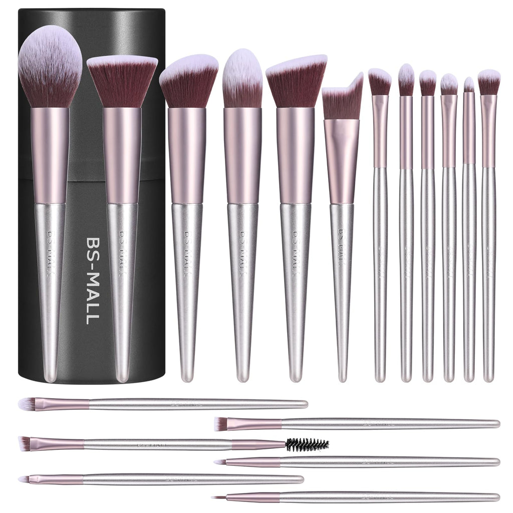 BS-MALL Makeup Brush Set 18 Pcs Professional Foundation Powder Concealers Eyeshadow Blush Synthetic Makeup Brushes with Labeled instruction Black Case Upgraded Version