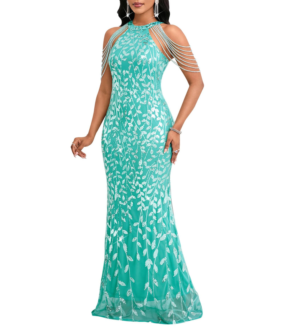 Cololura Women Sexy Elegant Sequin Tassel Off Shoulder Halter Bodycon Maxi Dress Party Evening Gown Formal Dress