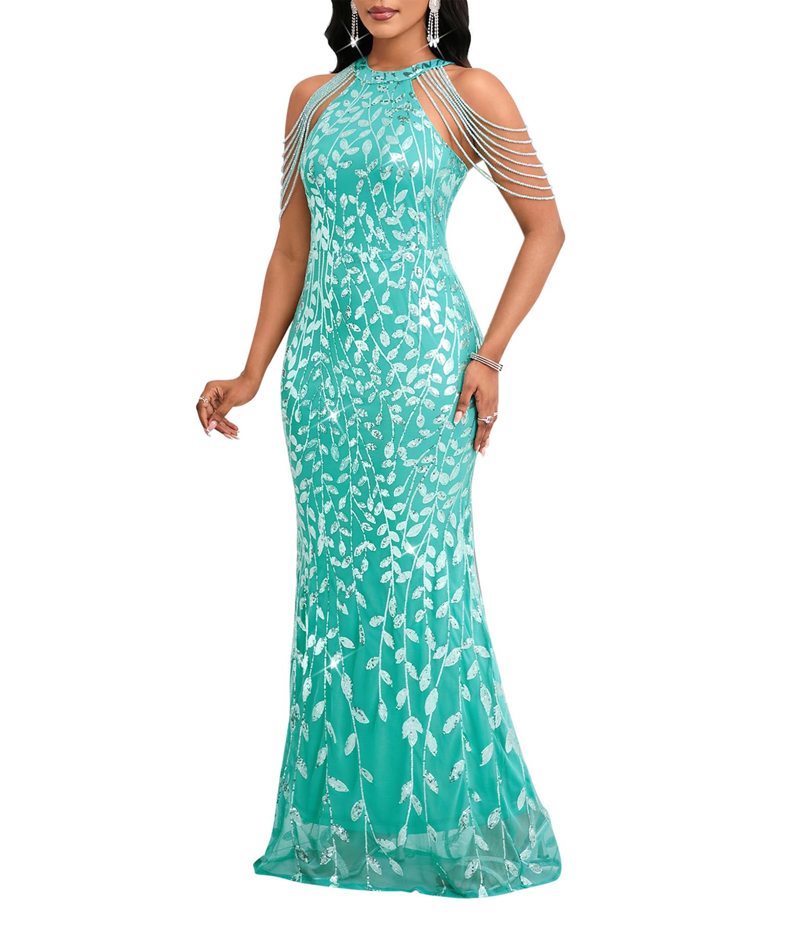 Cololura Women Sexy Elegant Sequin Tassel Off Shoulder Halter Bodycon Maxi Dress Party Evening Gown Formal Dress