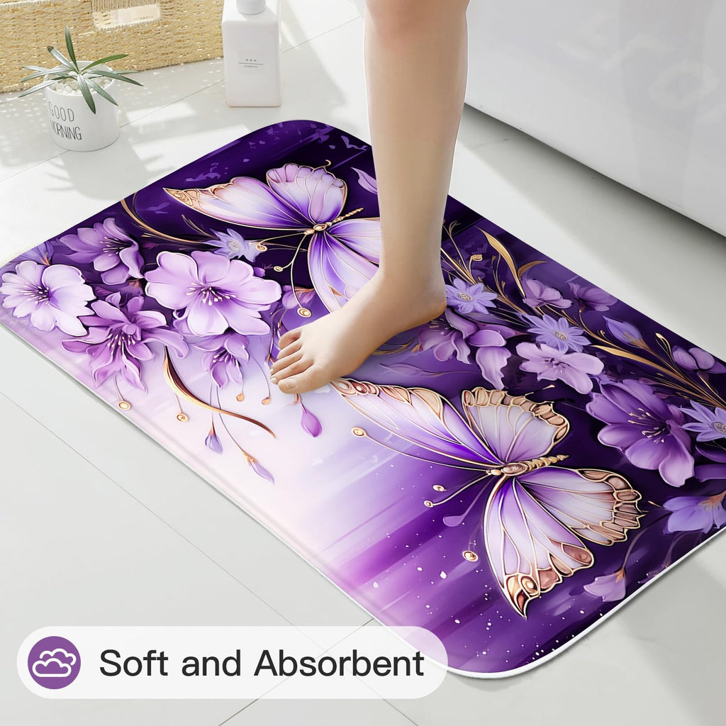 Litabel 4 Pcs Black Floral Butterfly Shower Curtain Set with Non-Slip Rugs, White Gold Modern Toilet Lid Cover and Bath Mat, Elegant Bathroom Decor Set (Hooks Not Included)