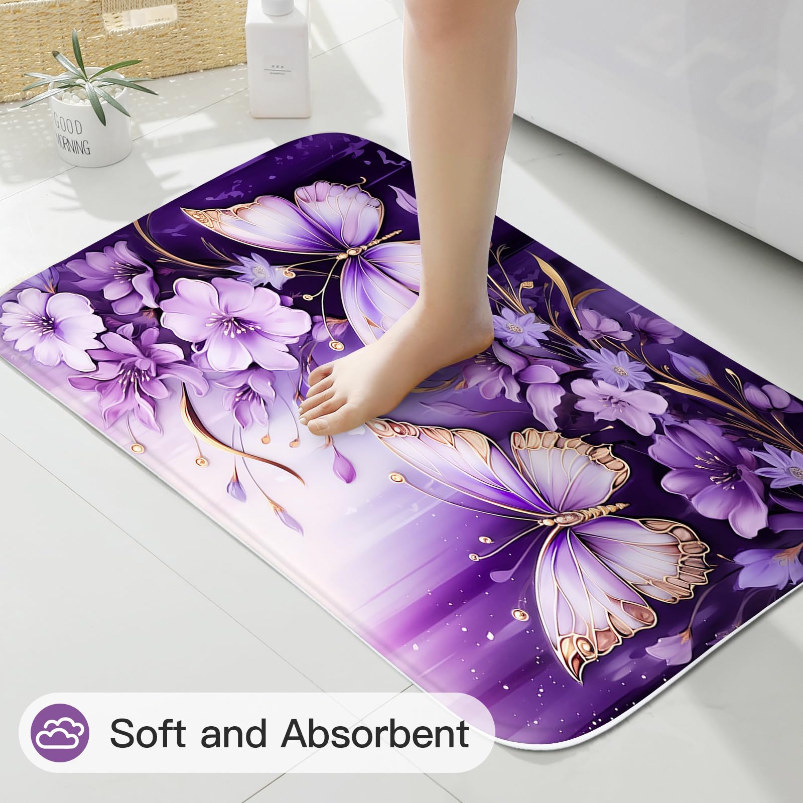 Litabel 4 Pcs Black Floral Butterfly Shower Curtain Set with Non-Slip Rugs, White Gold Modern Toilet Lid Cover and Bath Mat, Elegant Bathroom Decor Set (Hooks Not Included)