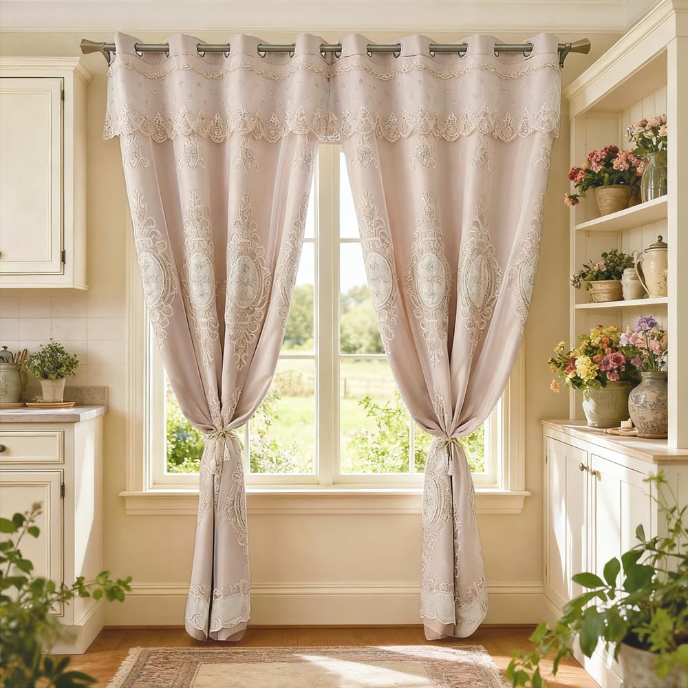Amidoudou 1 Pair European Double Layer Curtains with Valances for Living Room Bedroom Luxury 3D Flower Embroidered Curtains (Yellow,52x96 Inch)