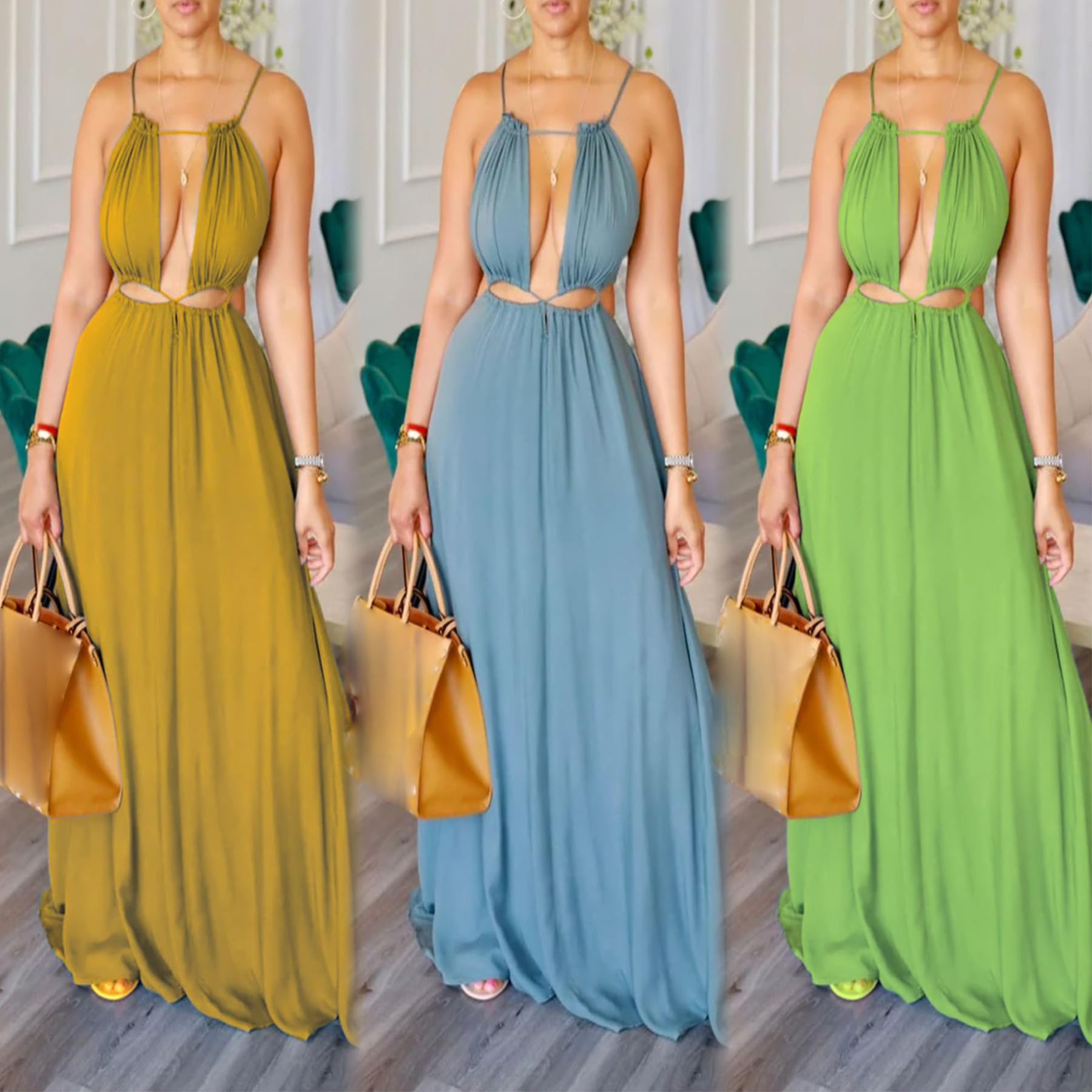 Geulis 2026 Women Summer Beach Dresses Sexy Cut Out Sleeveless Spaghetti Strap Halter Dress Flowy Maxi Vacation Dress