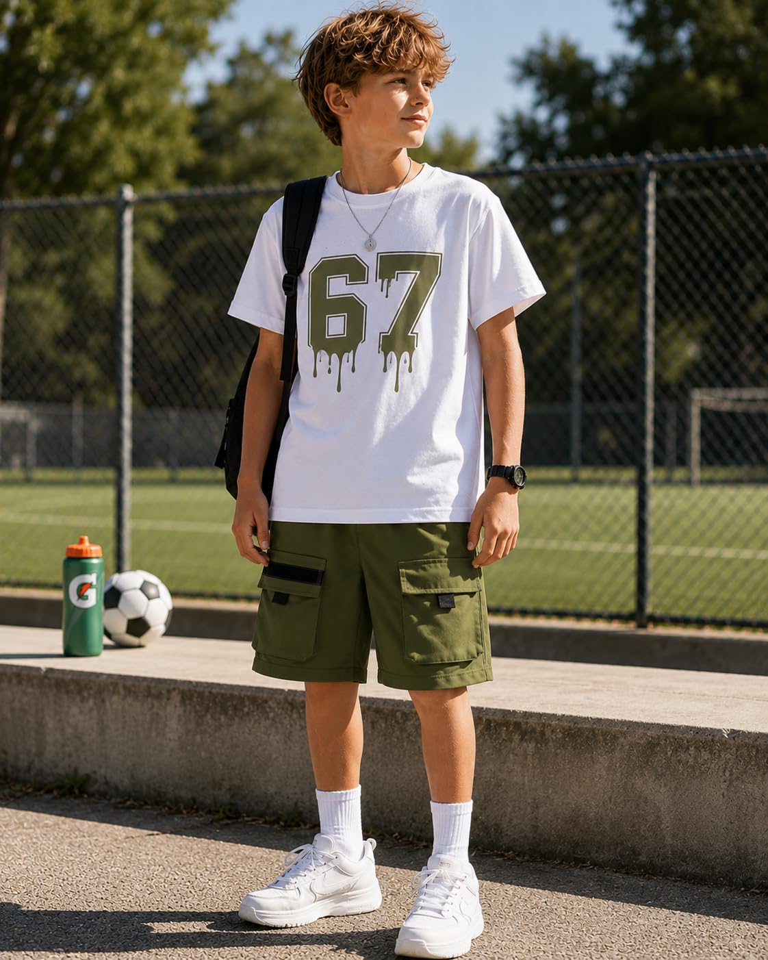 Azmxynol Tween Boys Clothes Daily Casual Short Sleeve Top + Cargo Shorts 2 Pieces Outfit Set, Size 6-14 Years