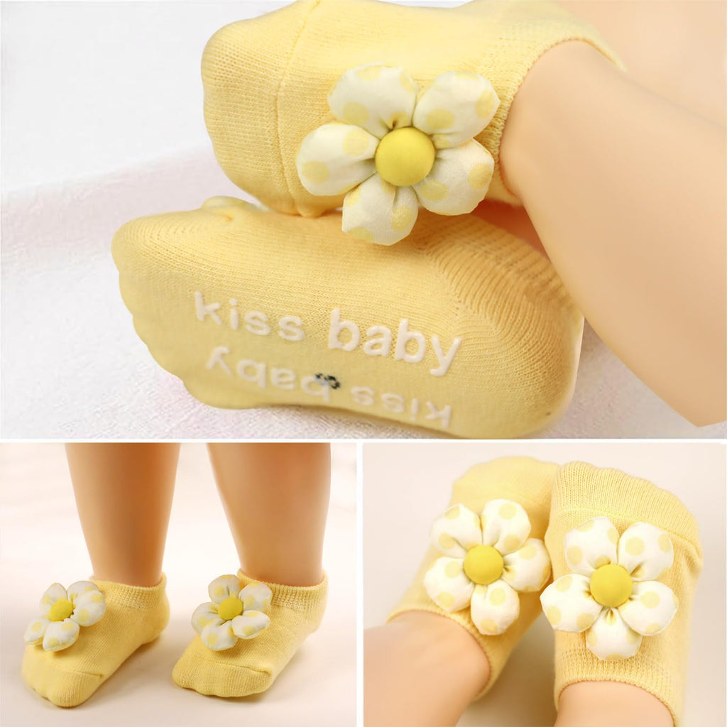KEAINVRN 4Packs Baby Girls Socks,Flower Non-Slip Grips for Babies Toddler Princess Low Cut Ankle Socks for Girls