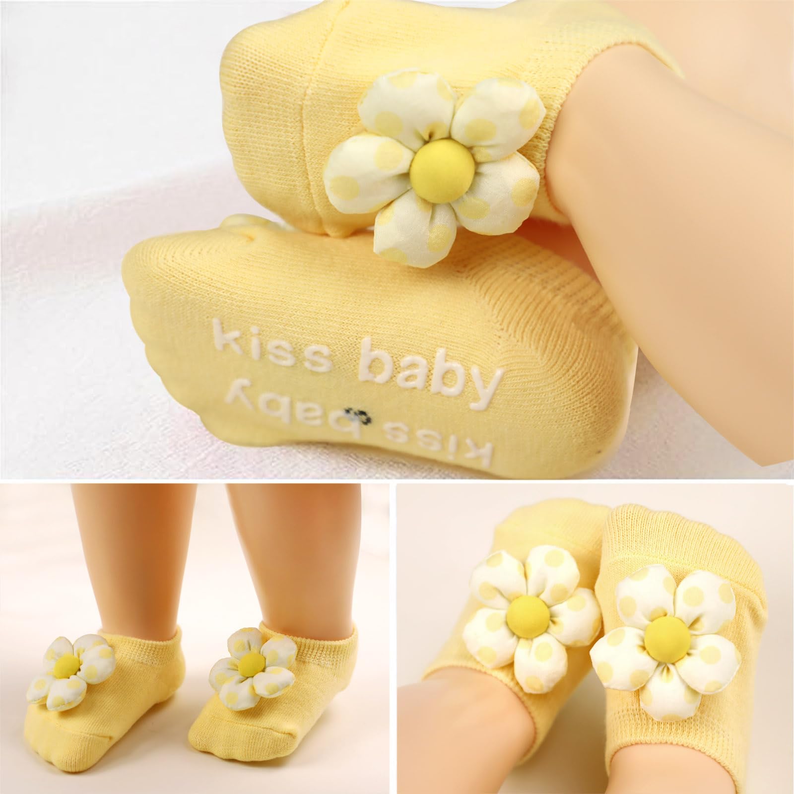 KEAINVRN 4Packs Baby Girls Socks,Flower Non-Slip Grips for Babies Toddler Princess Low Cut Ankle Socks for Girls