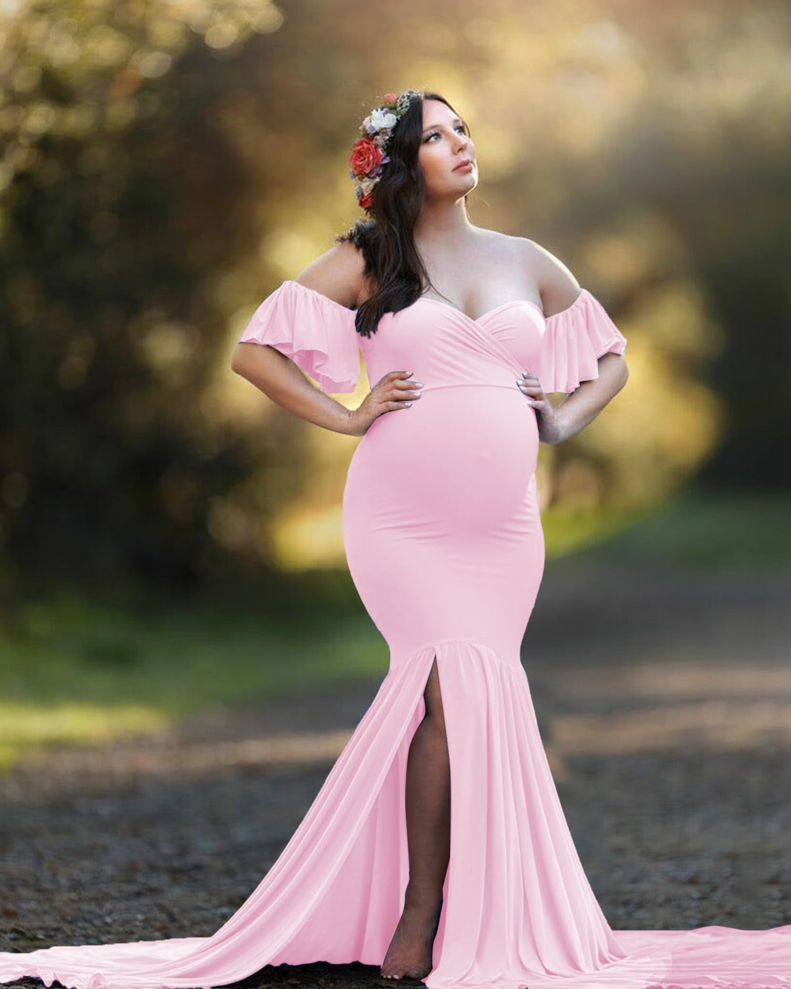 Saslax Off Shoulder Ruffle Sleeves Elegant Fitted Maxi Maternity Dress for Photoshoot Baby Shower