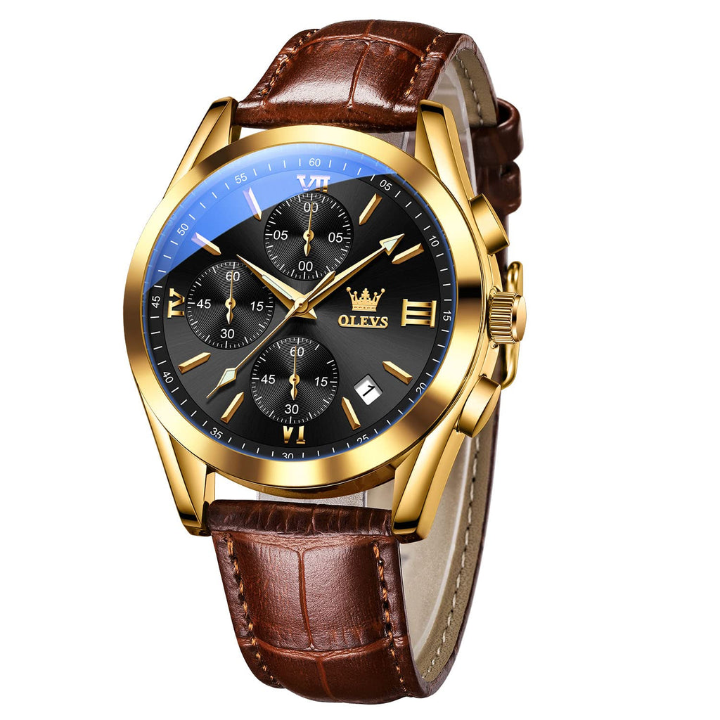 OLEVS Men's Casual Leather Watch, Big Face Chronograph Watch for Men, Fashion Easy to Read Dress Watch, Men's Waterproof Luminous Date Analog Watch, Gold/Black/White/Blue Dial