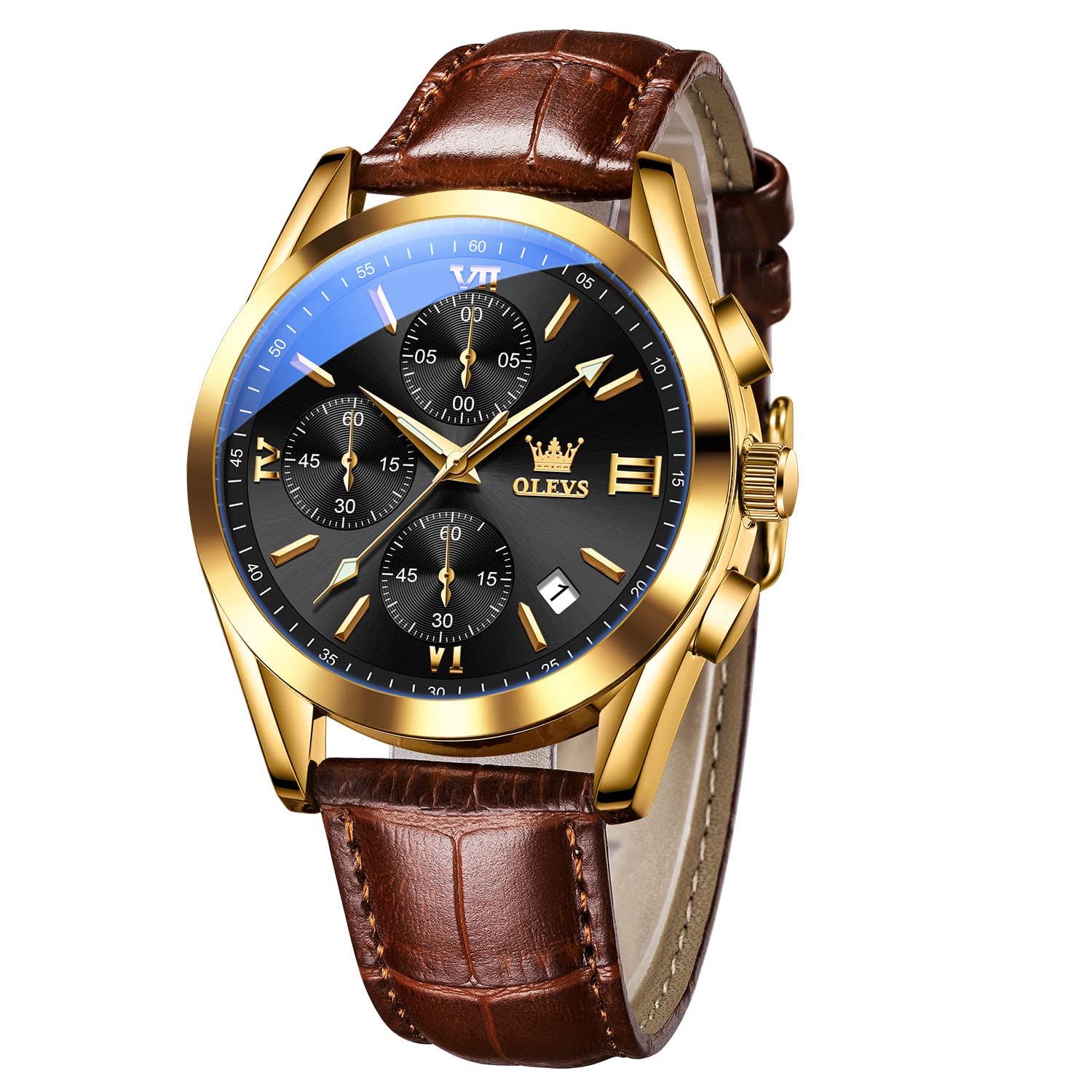 OLEVS Men's Casual Leather Watch, Big Face Chronograph Watch for Men, Fashion Easy to Read Dress Watch, Men's Waterproof Luminous Date Analog Watch, Gold/Black/White/Blue Dial