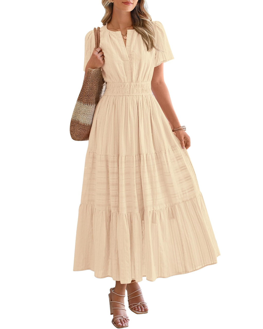 BTFBM Womens Summer 2026 Casual Midi Maxi Dresses Lightweight Short Sleeve V Neck Elastic Waist Boho Beach Dress Pockets