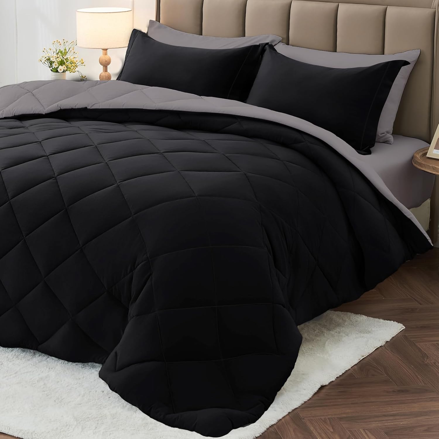 MUXHOMO 7 Pieces King Comforter Set, Reversible Bed in a Bag King Size, All Season Bedding Set with Comforter, Flat Sheet, Fitted Sheet, Pillowcases & Shams, Red & Black