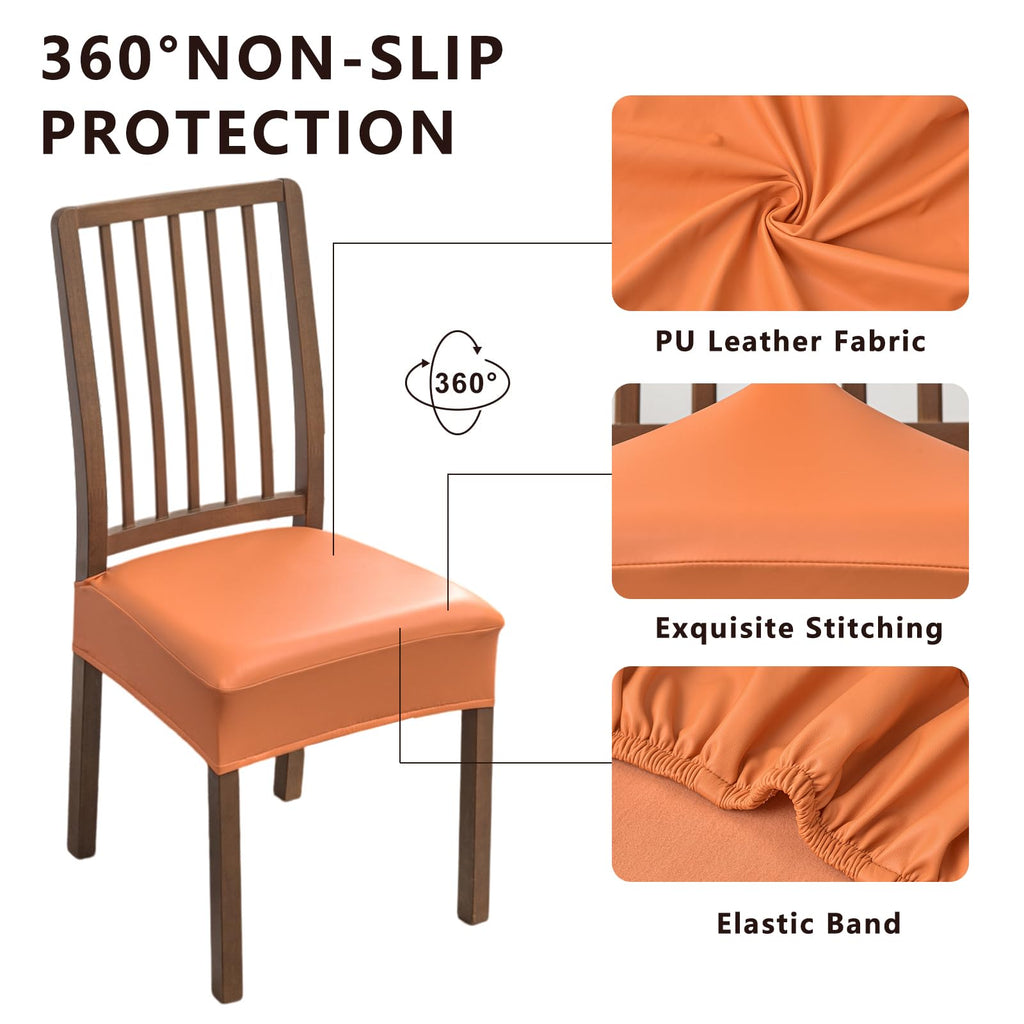 NILUOH Waterproof Seat Covers for Dining Room Chairs Set of 6, Pu Leather Chair Seat Slipcovers Dining Chair Cover Removable Washable Chair Protctor Cover, Rear Covers (PU-Coffee)
