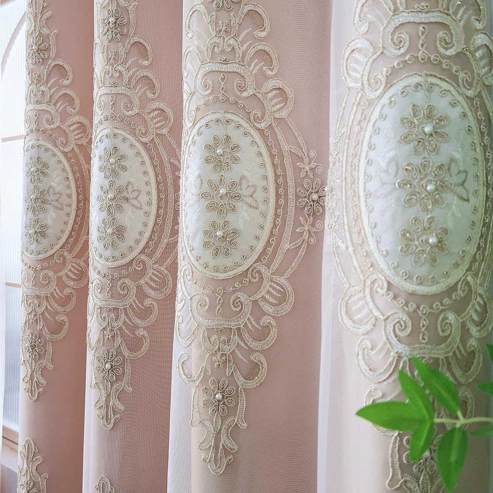 Amidoudou 1 Pair European Double Layer Curtains with Valances for Living Room Bedroom Luxury 3D Flower Embroidered Curtains (Yellow,52x96 Inch)