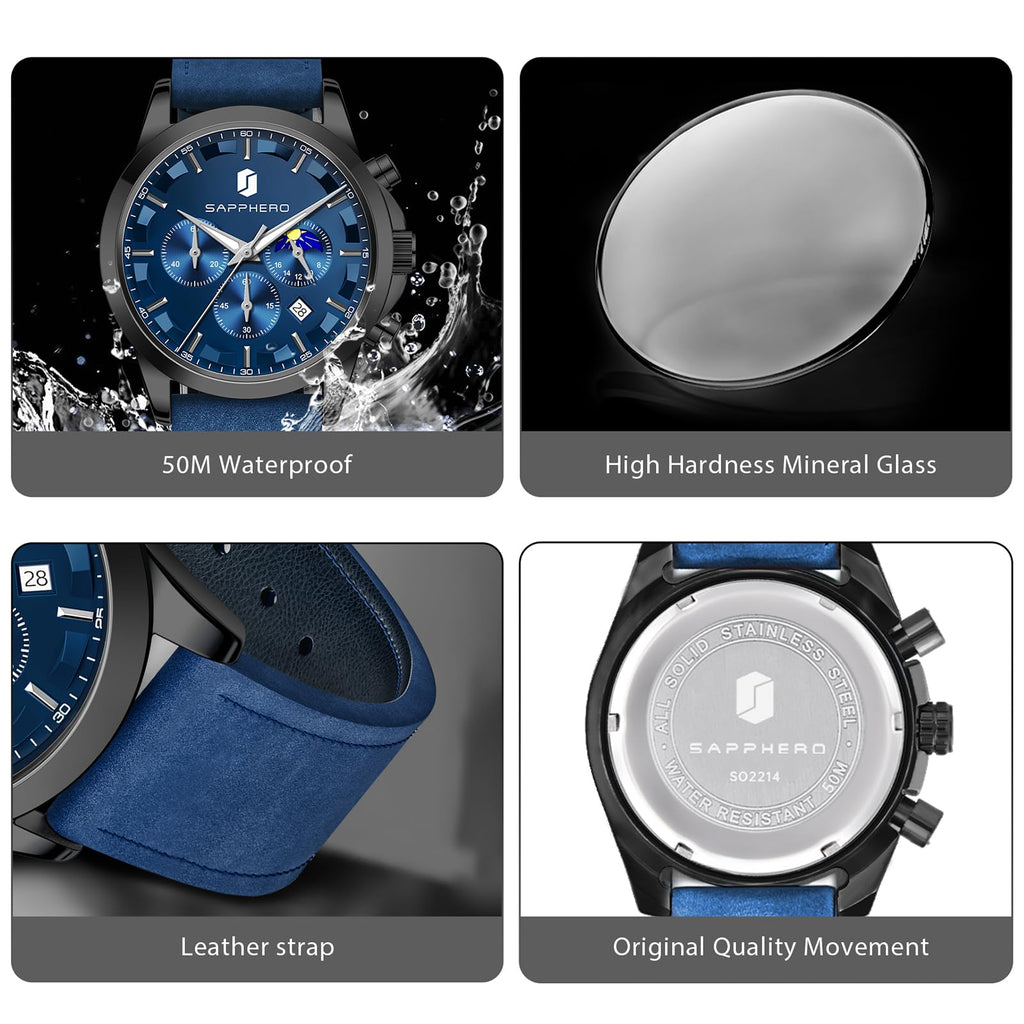 SAPPHERO Chronograph Watches for Men, Original Business Casual Stainless Steel Analog Watch 50M Waterproof Luminous Watches with Date Dial, Mens Gift