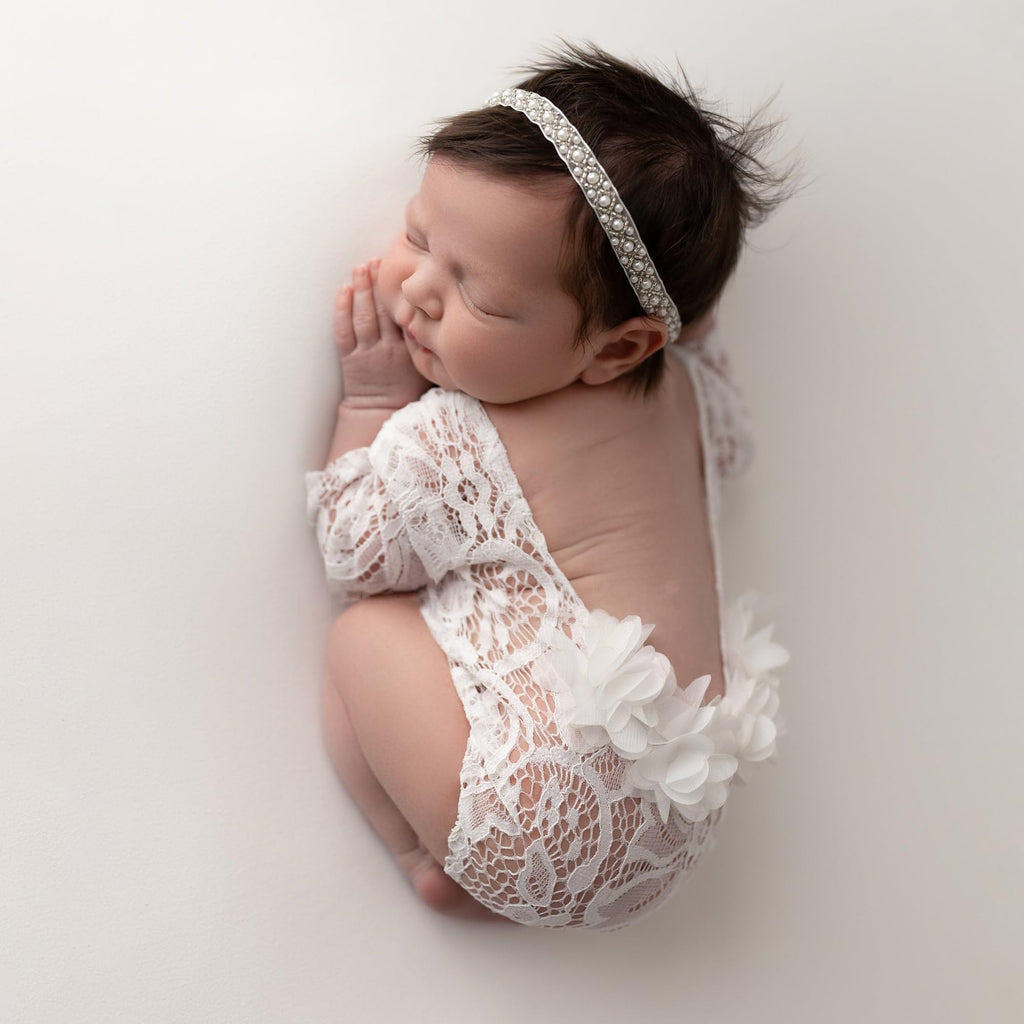 Newborn Lace Romper, 2 PCS Baby Girl Photography Props, Newborn Girl Photography Outfits with Flower Headband for Infants
