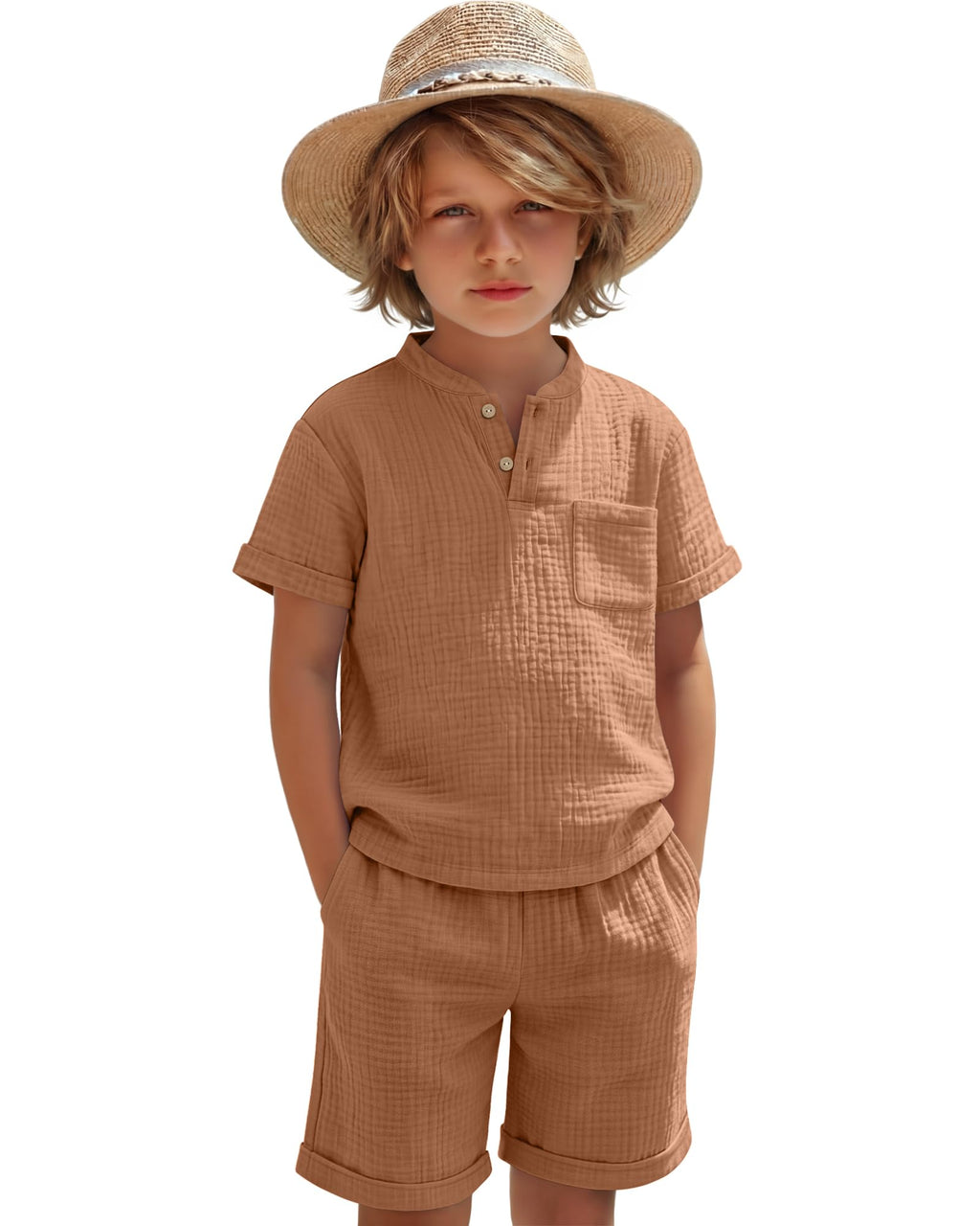Boys 2 Piece Cotton Outfits 5-14Y Short Sleeve Button Down Shirt Shorts Pockets Summer Clothes Henley Casual Set
