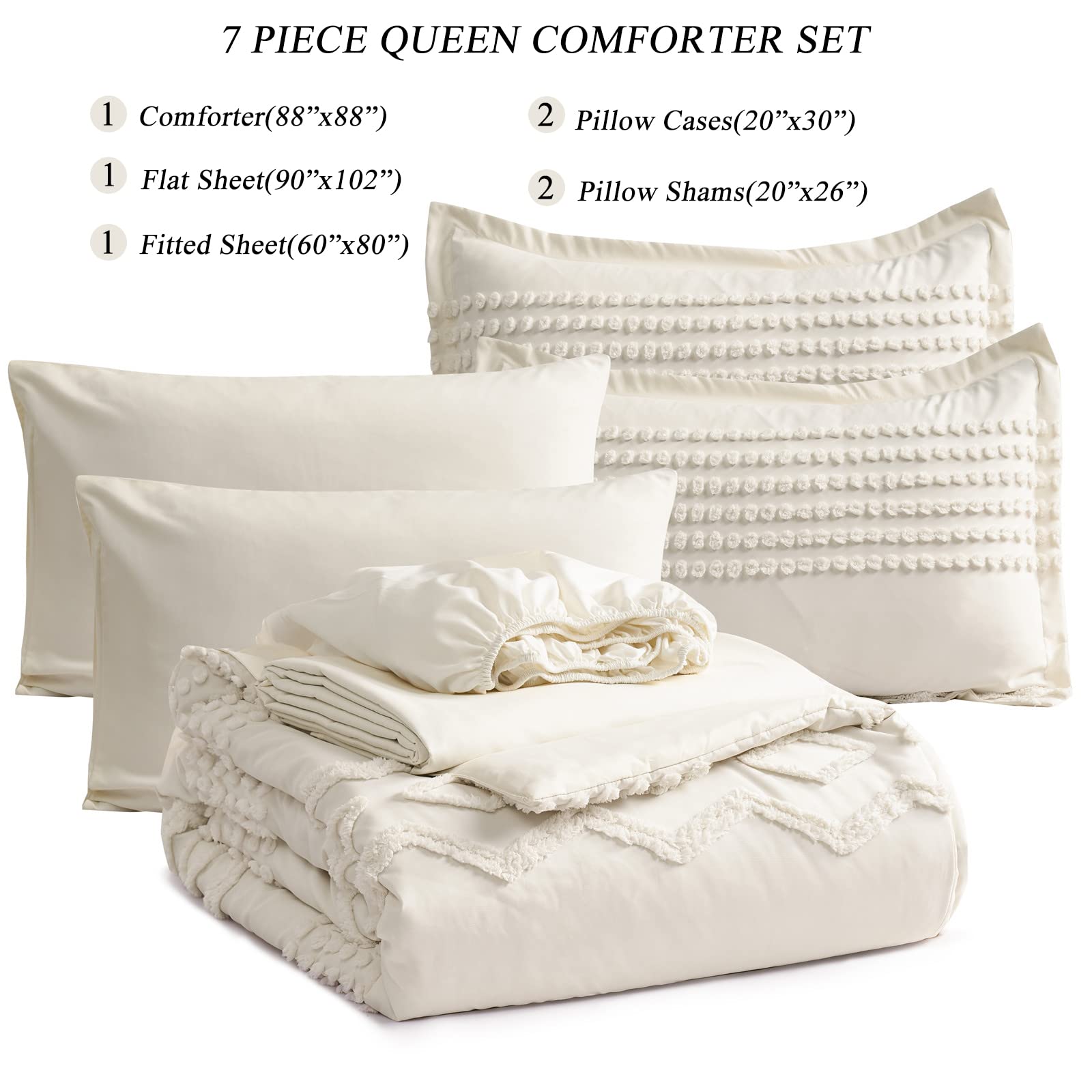 KAKIJUMN Grey Tufted Comforter Set King Size 7 Piece Bed in a Bag, Shabby Chic Boho Comforter and Sheet Set, Pom Pom Textured Bed Set, All Season Soft Microfiber Complete Bedding Set(Grey,King)