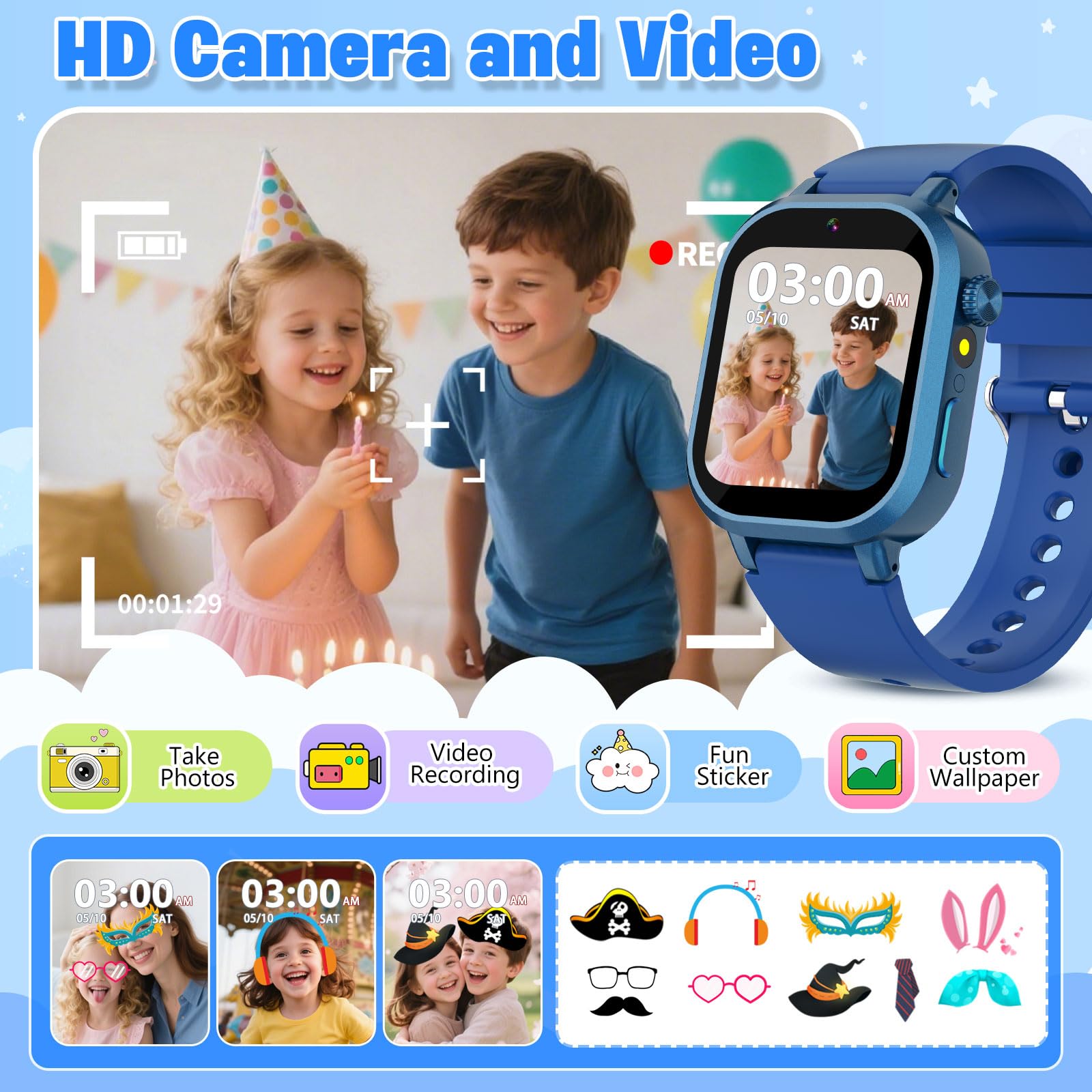 Wiszodet Kids Waterproof Smart Watch Boys Gift Age 3-12 with 39 Game HD Touch Screen Music Player Video Camera Pedometer Alarm Clock Birthday Gift for 6 7 8 9 Year Olds Blue