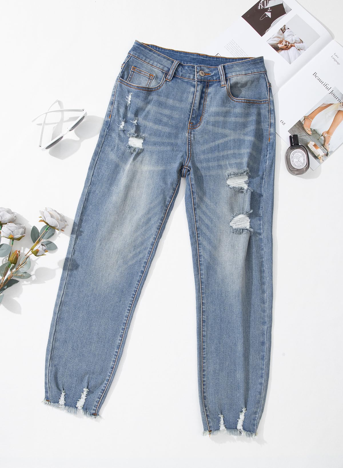 EVALESS Women's High Waisted Tummy Control Straight Ankle Ripped Jeans