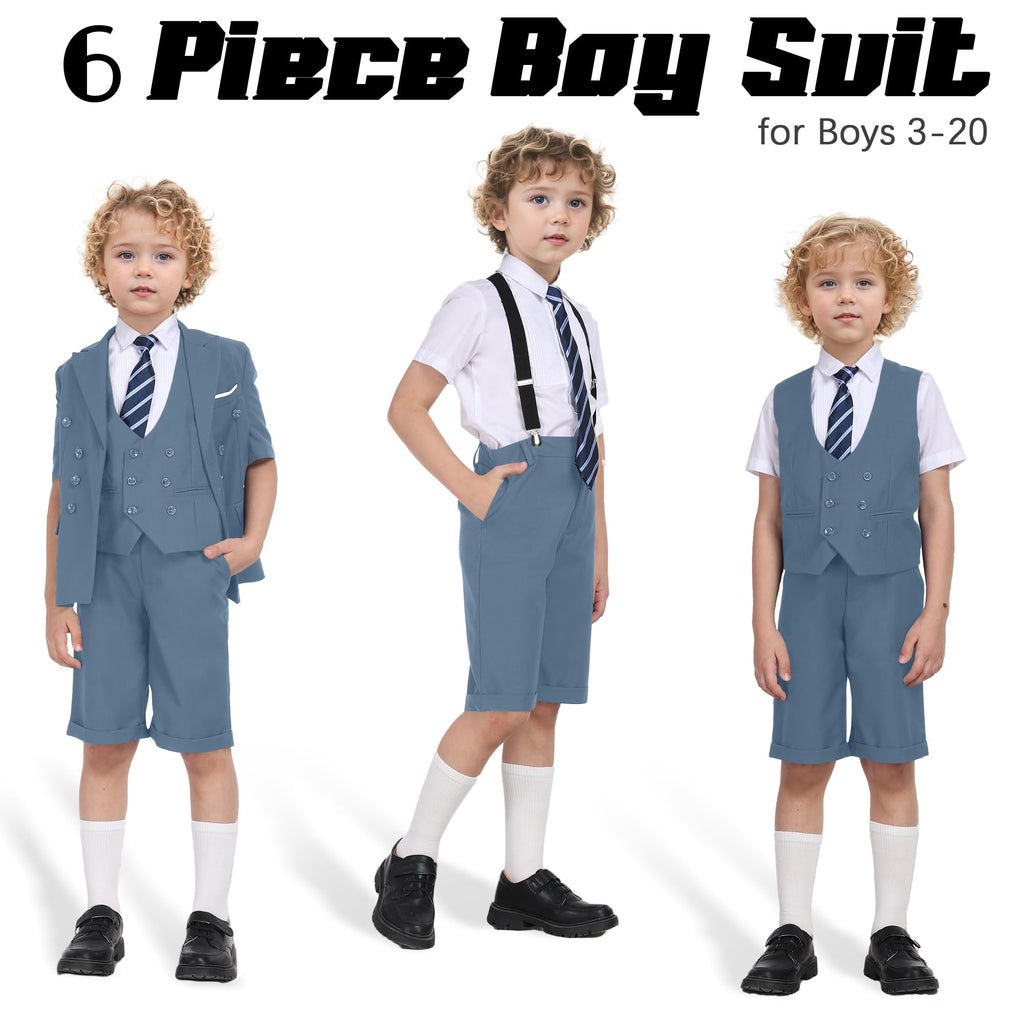 Short Suits for Boys Kid 6 Pieces Summer Tuxedo Formal Suit Beach Wedding Outfit for Teens Jacket Vest Shorts Pants Set