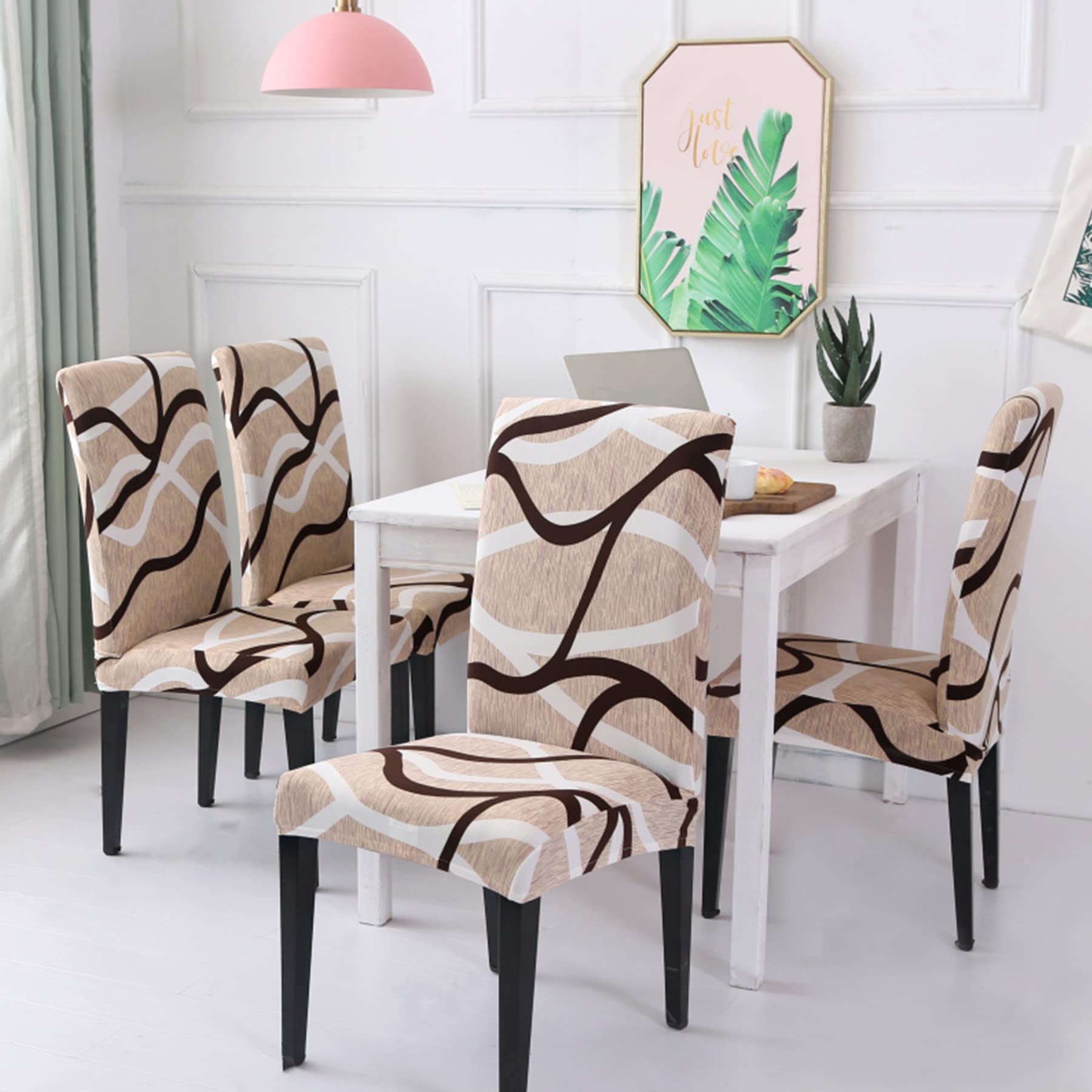 HZDHCLH 6 Pack Chair Covers for Dining Room,Soft Spandex Removable Washable Anti-dust Seat Slipcover, Protector for Hotel,Office,Ceremony,Banquet Wedding Party(Beige, Set of 6)